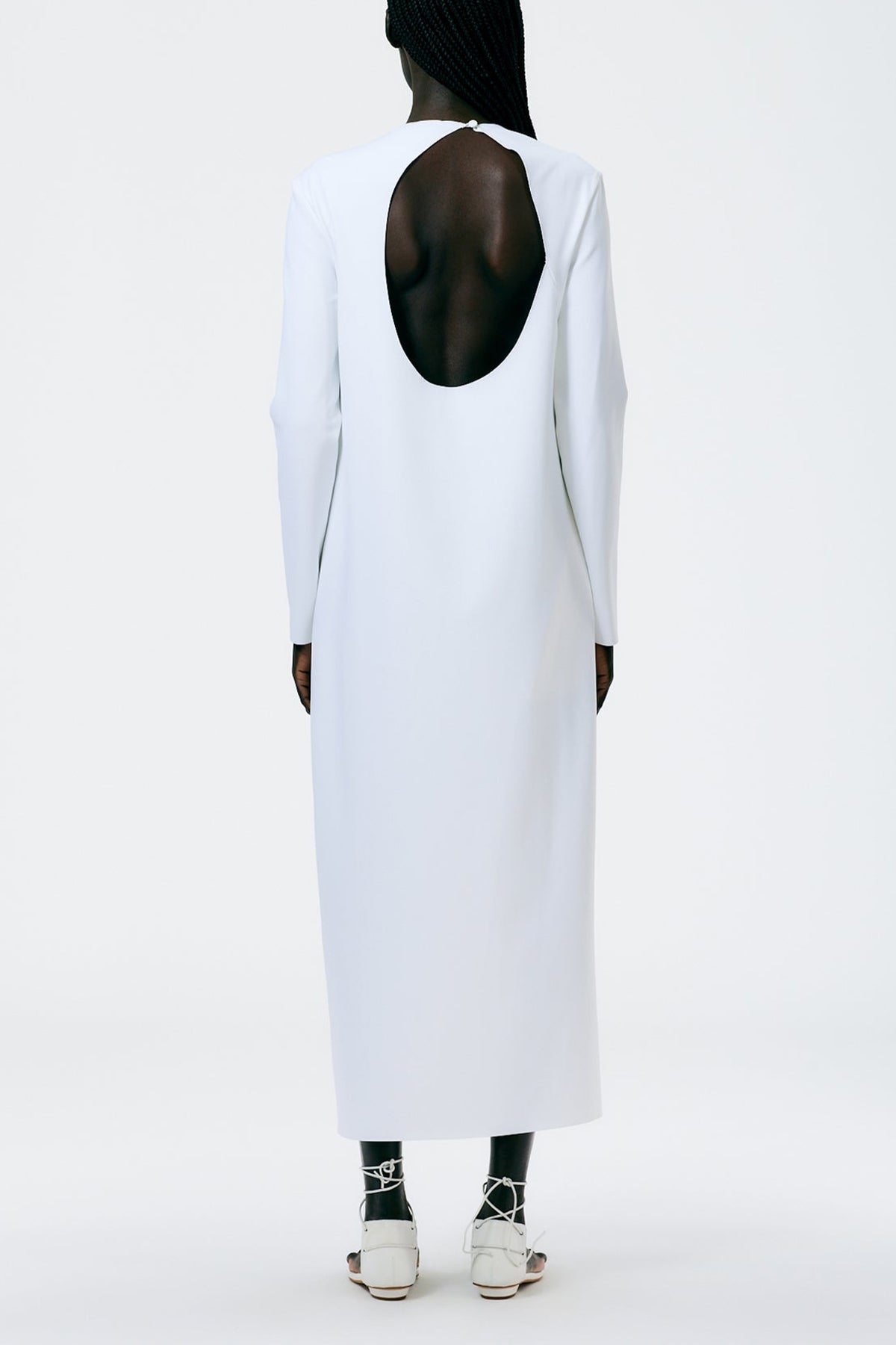 Compact Ultra Stretch Knit Long Sleeve Open Back Dress in White - shop-olivia.com