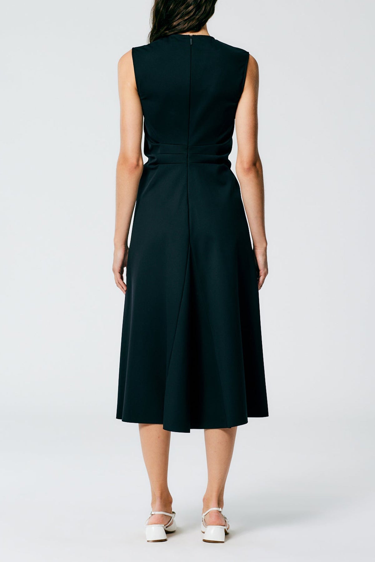 Compact Ultra Stretch Knit V-Neck Godet Dress in Black - shop-olivia.com