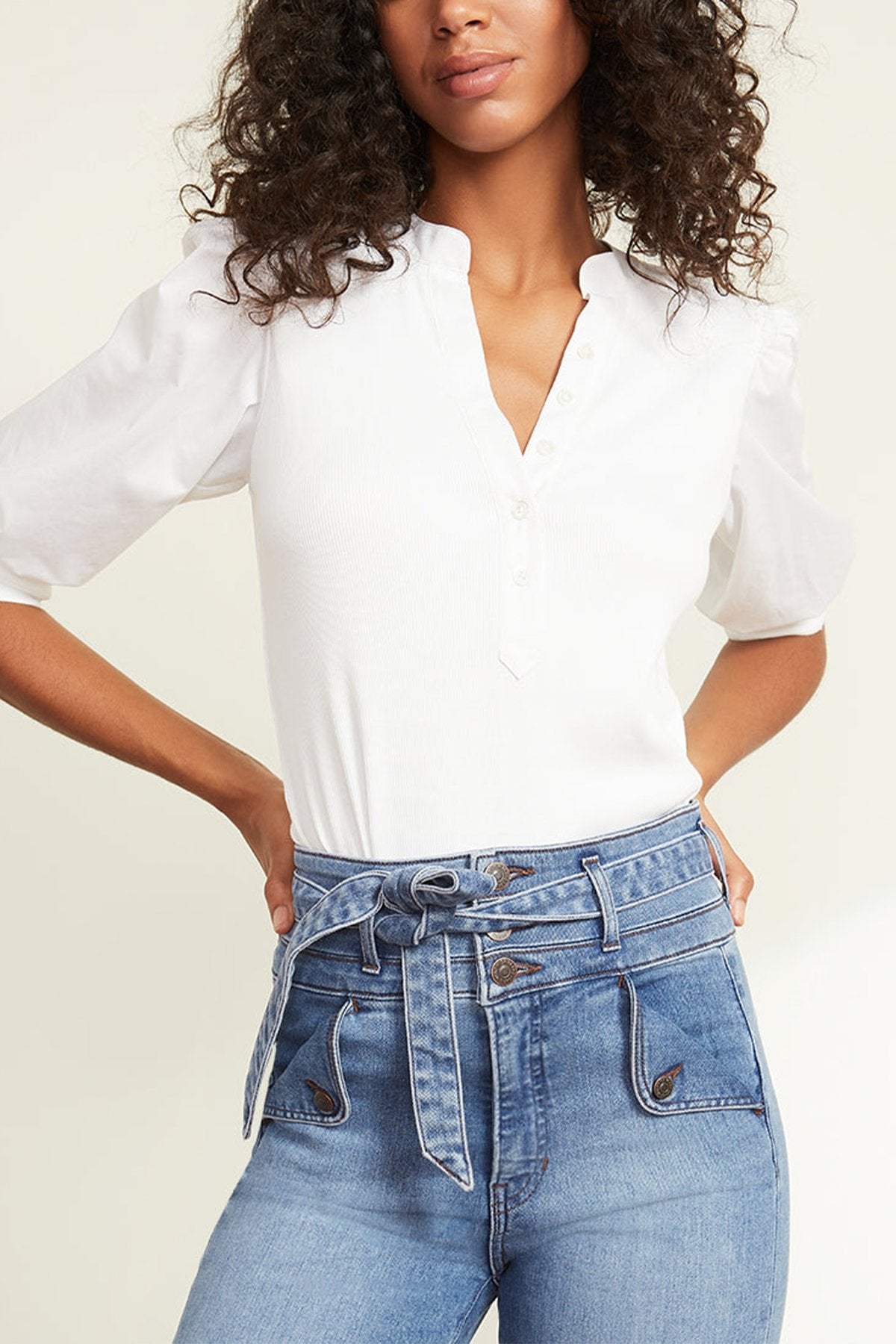 Coralee Puffed-Sleeve Top in White - shop-olivia.com