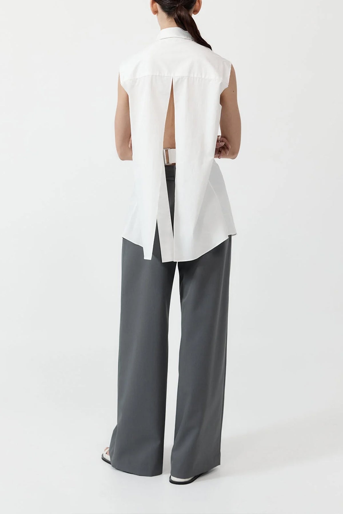 Cotton Belted Sleeveless Shirt in White - shop-olivia.com