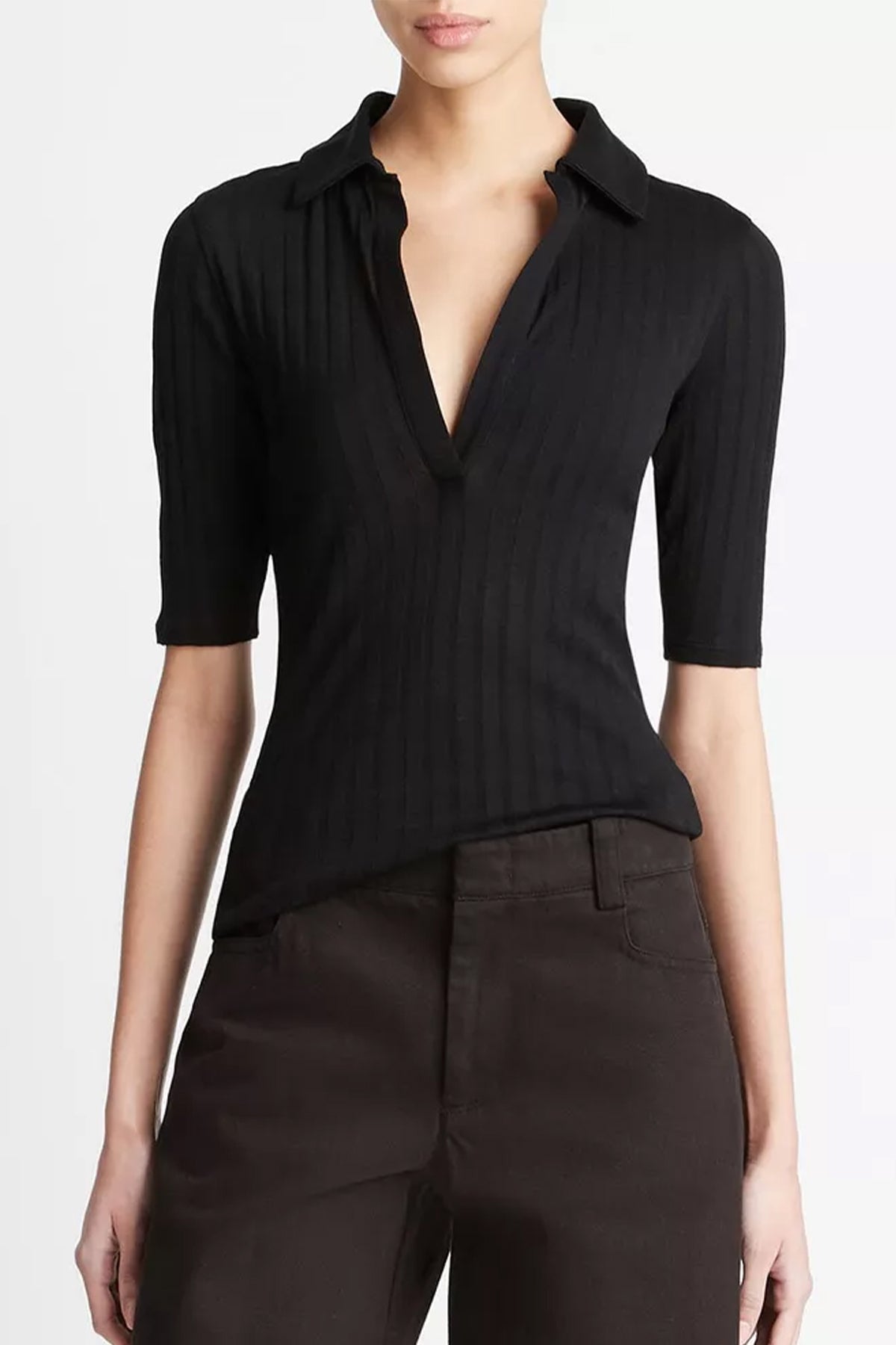 Cotton Elbow-Sleeve Polo Shirt in Black - shop-olivia.com