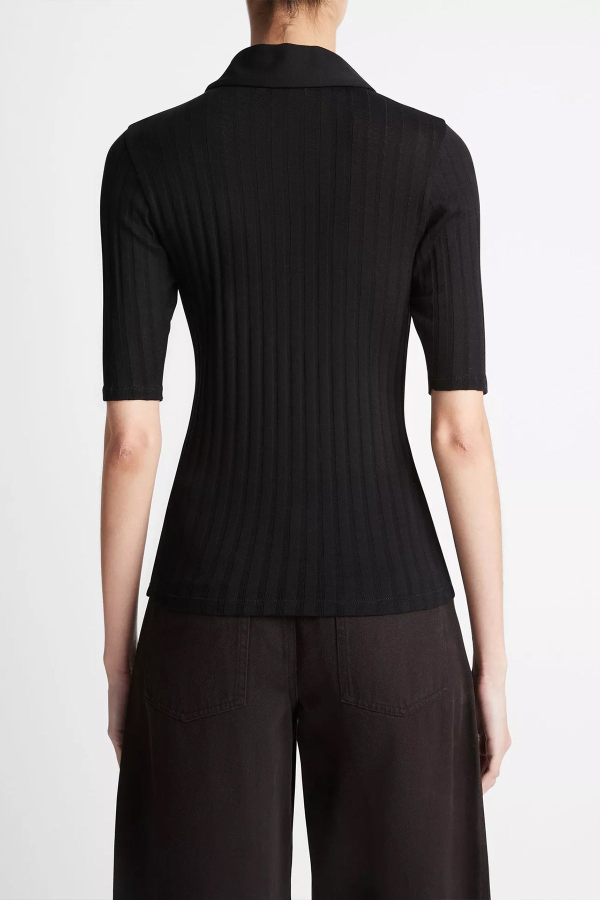 Cotton Elbow-Sleeve Polo Shirt in Black - shop-olivia.com