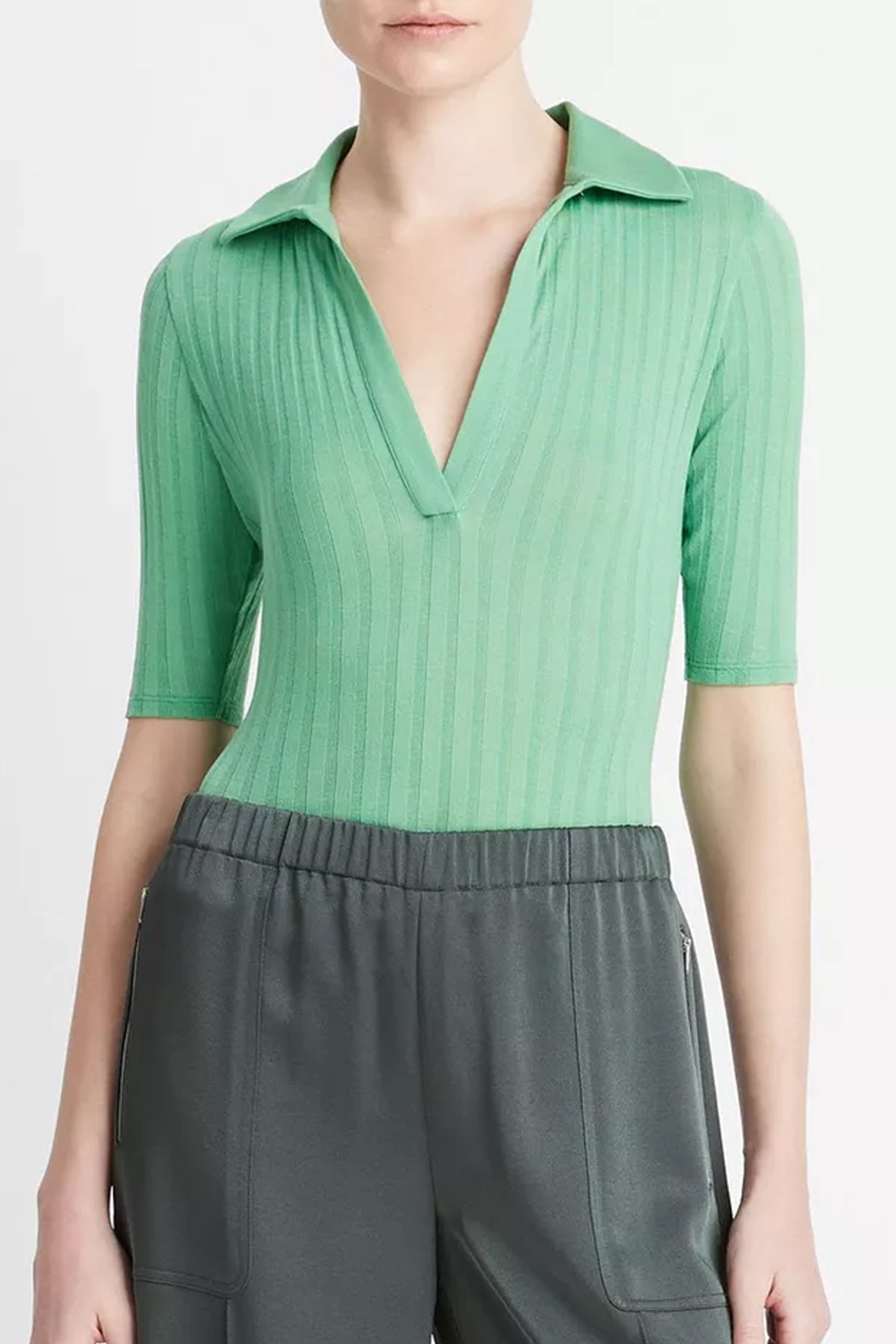 Cotton Elbow-Sleeve Polo Shirt in Parakeet - shop-olivia.com