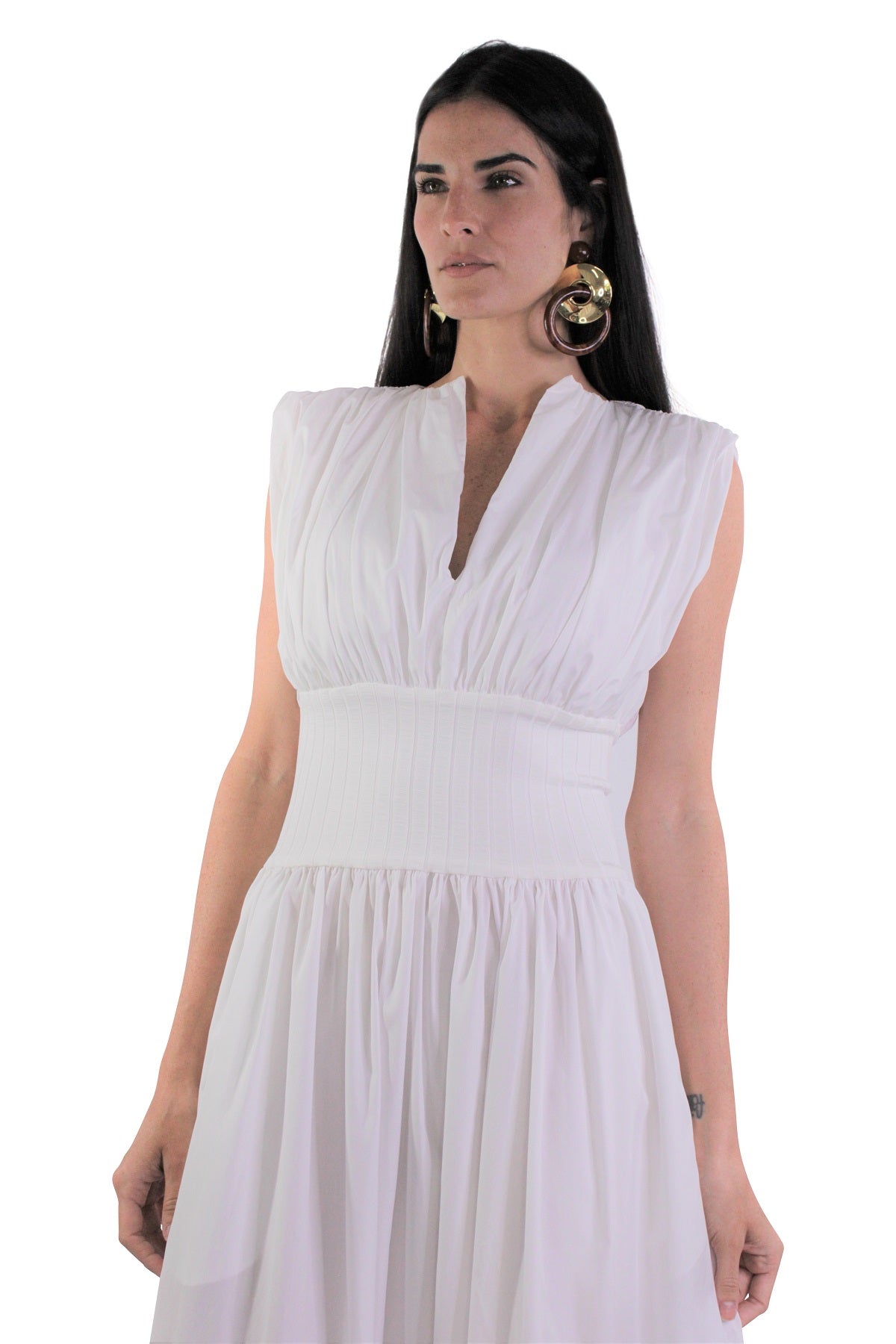 Cotton Rib Gathered Dress in Ivory - shop-olivia.com
