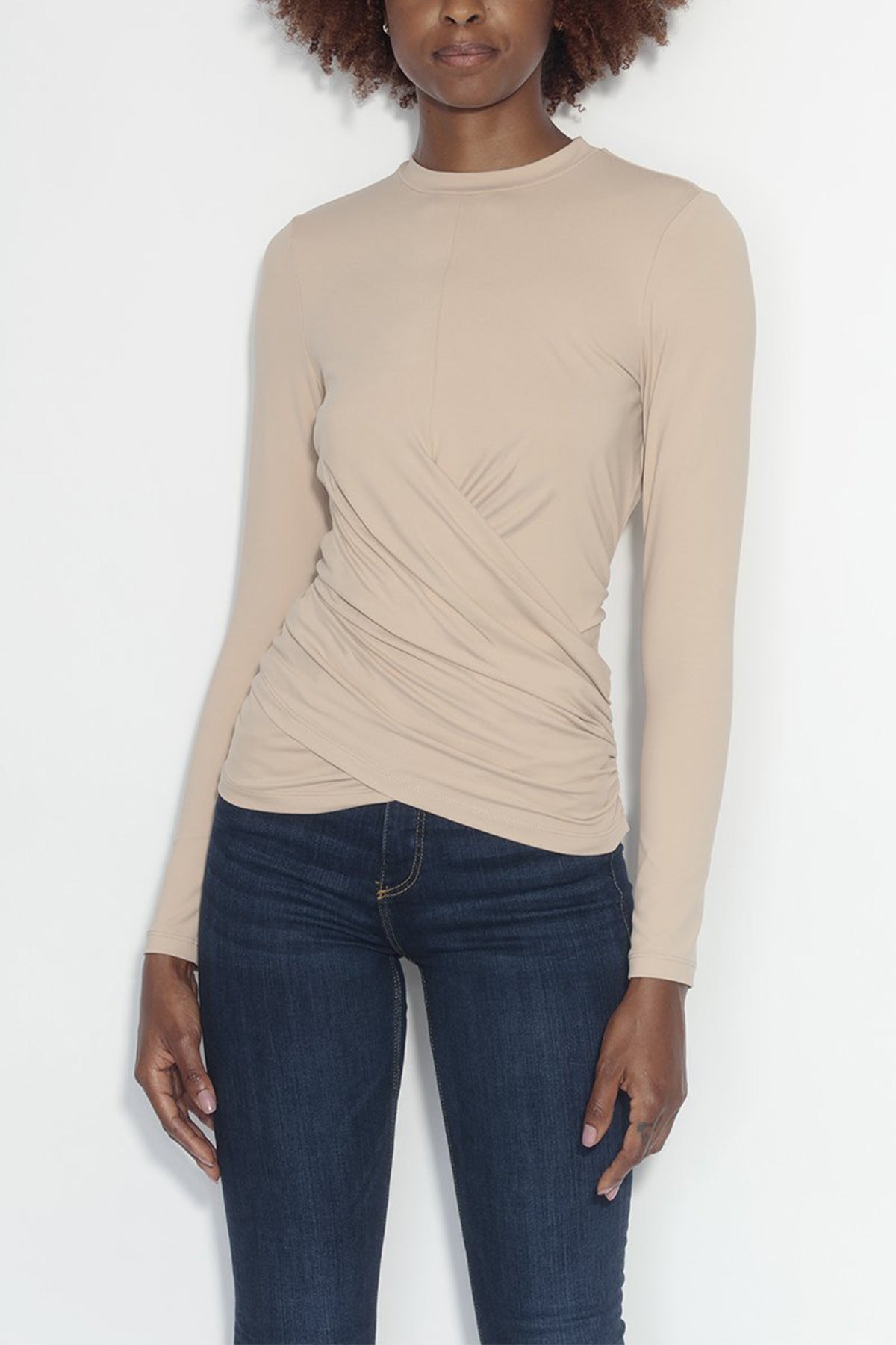 Cross Front Crew Neck Long Sleeve in Parchment - shop-olivia.com