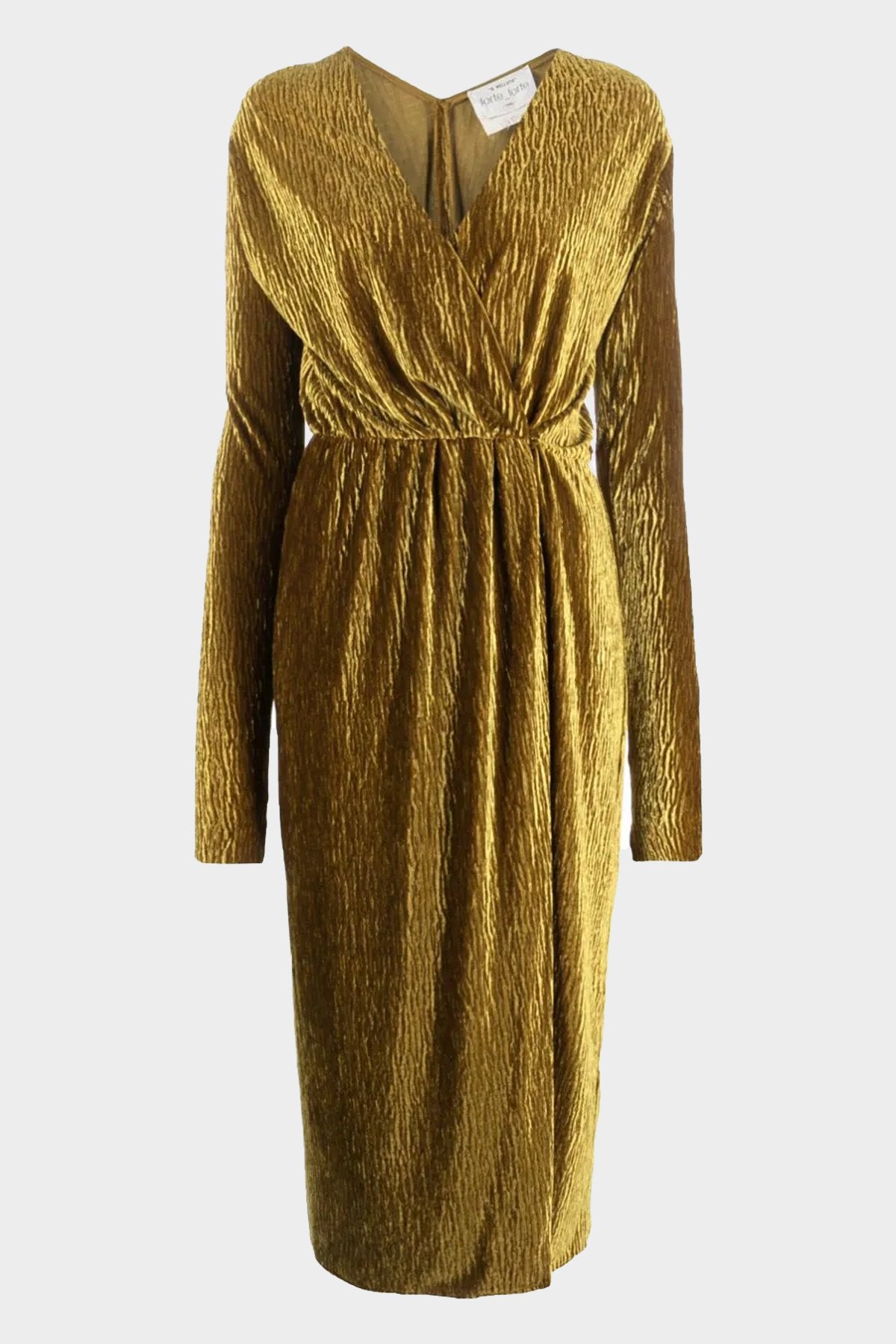 Crushed Velvet Crossed Midi Dress in Warm Gold - shop-olivia.com