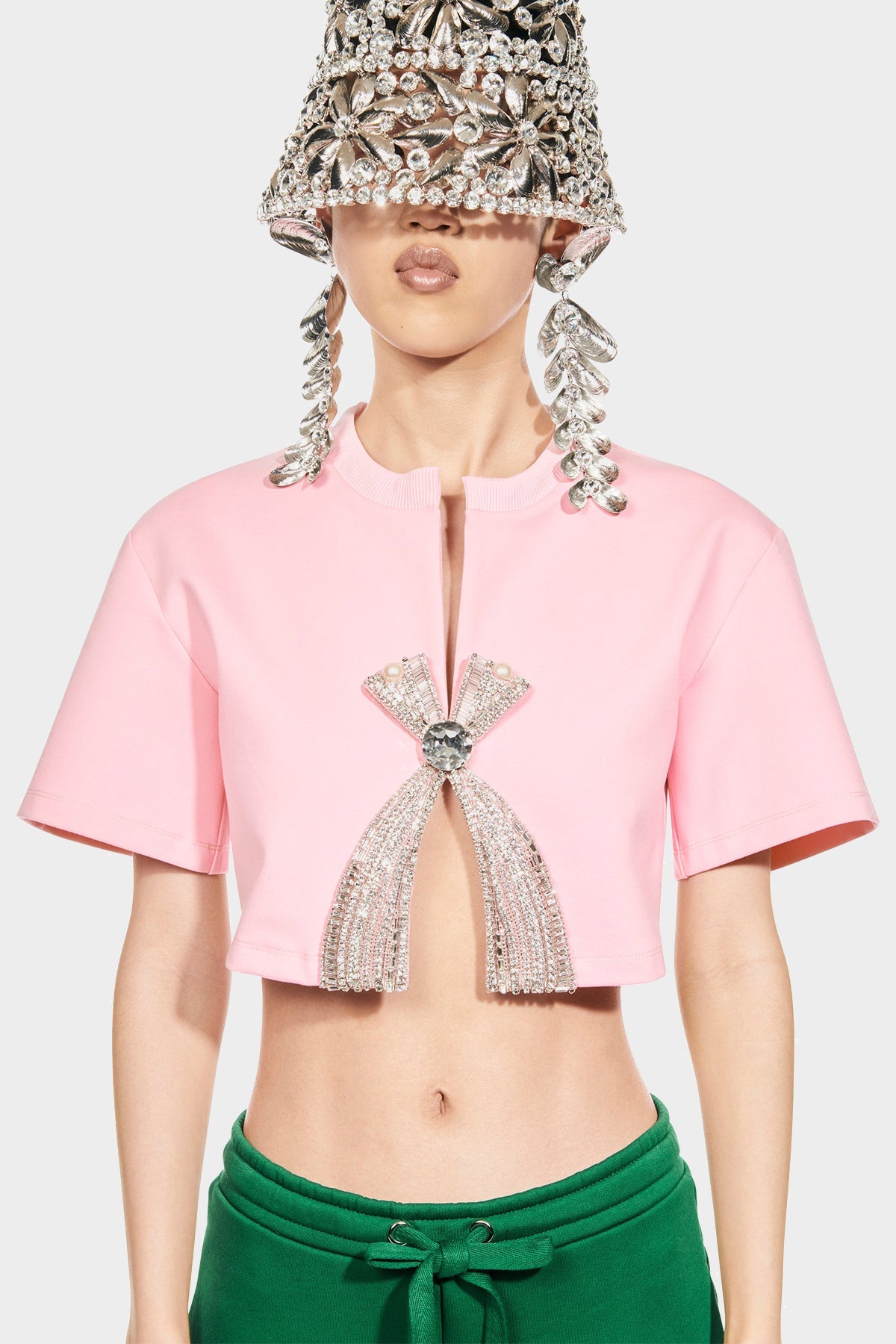 Deco Bow Cropped T-Shirt in Pink - shop-olivia.com