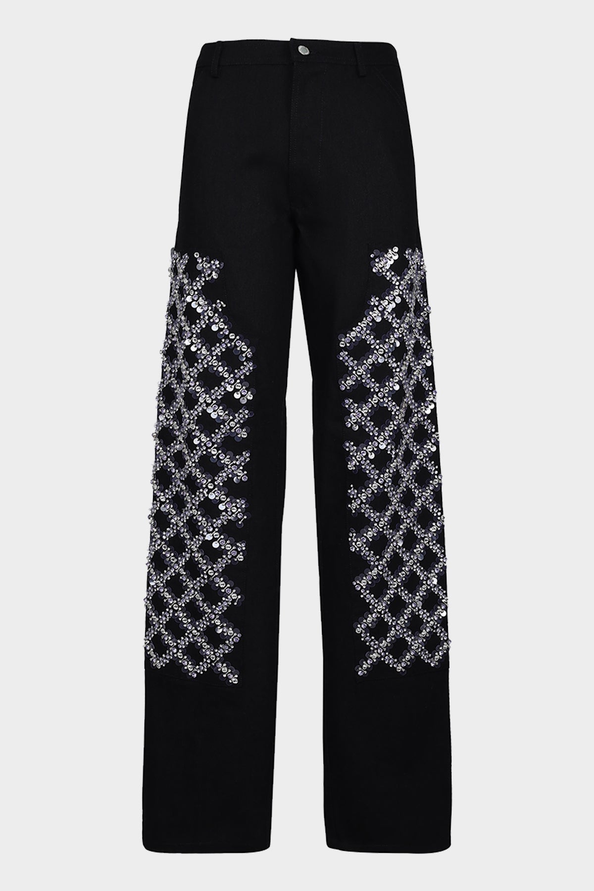 Denim Crystal Embroidered Trouser in Black - shop-olivia.com
