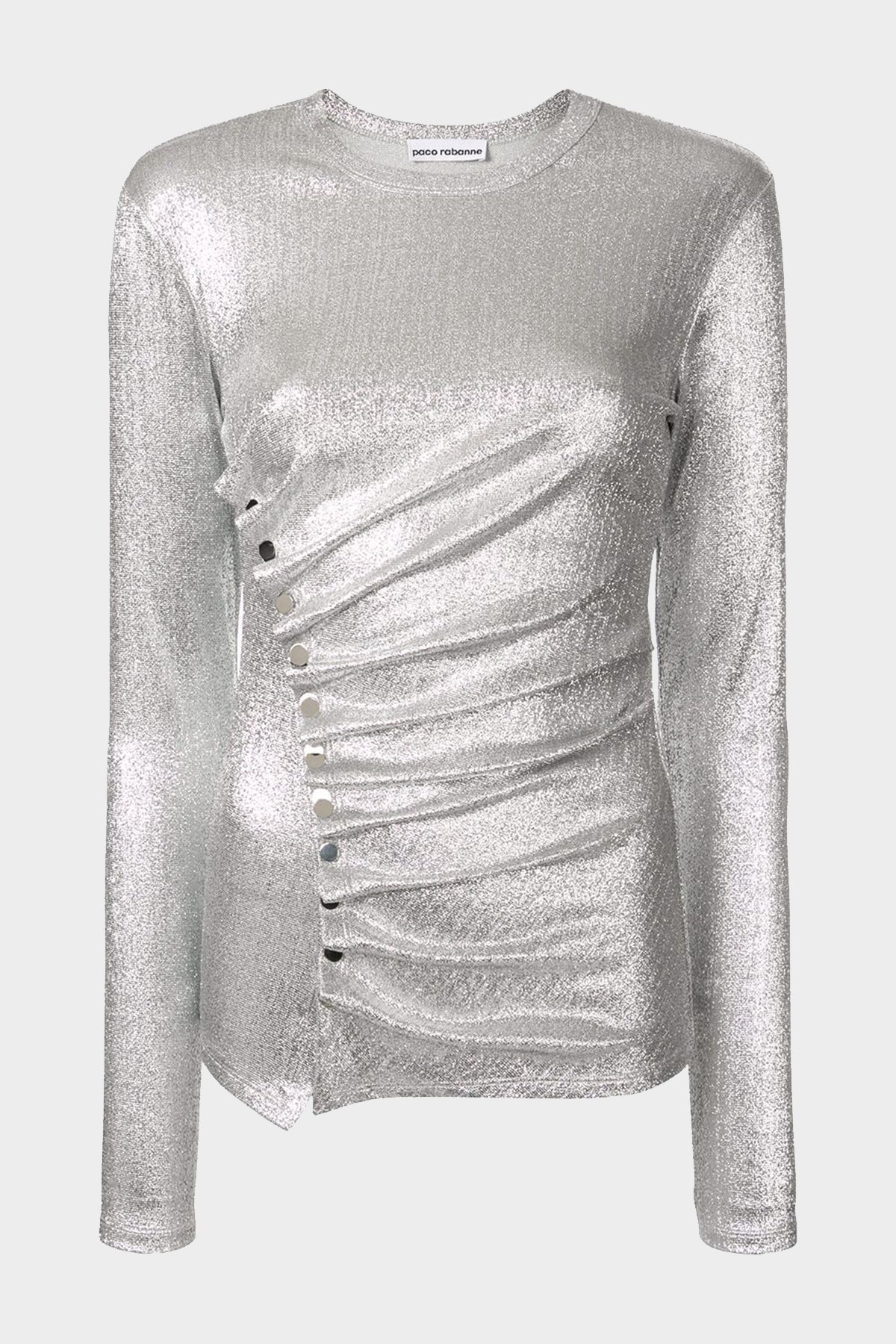 Draped Long Sleeve Button Top in Silver - shop-olivia.com