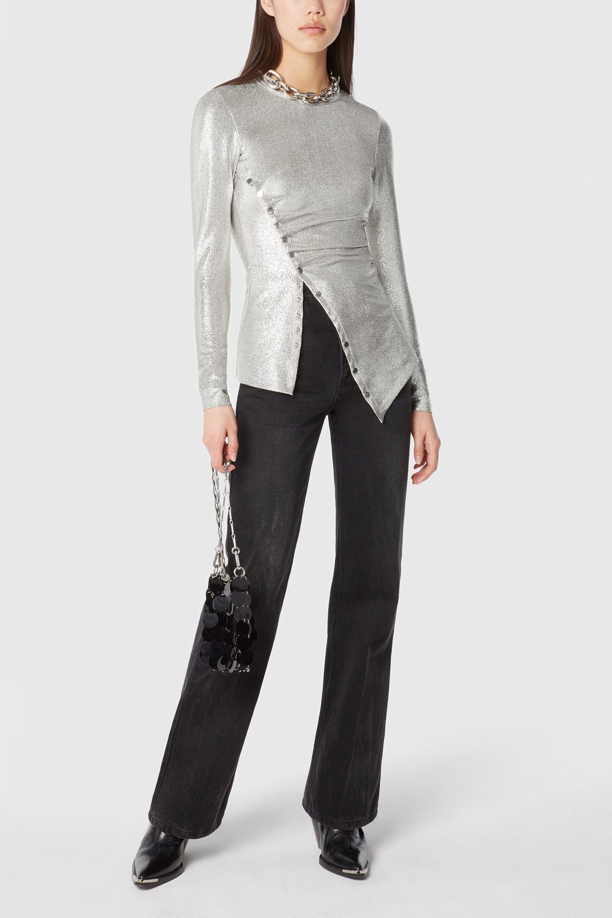 Draped Long Sleeve Button Top in Silver - shop-olivia.com