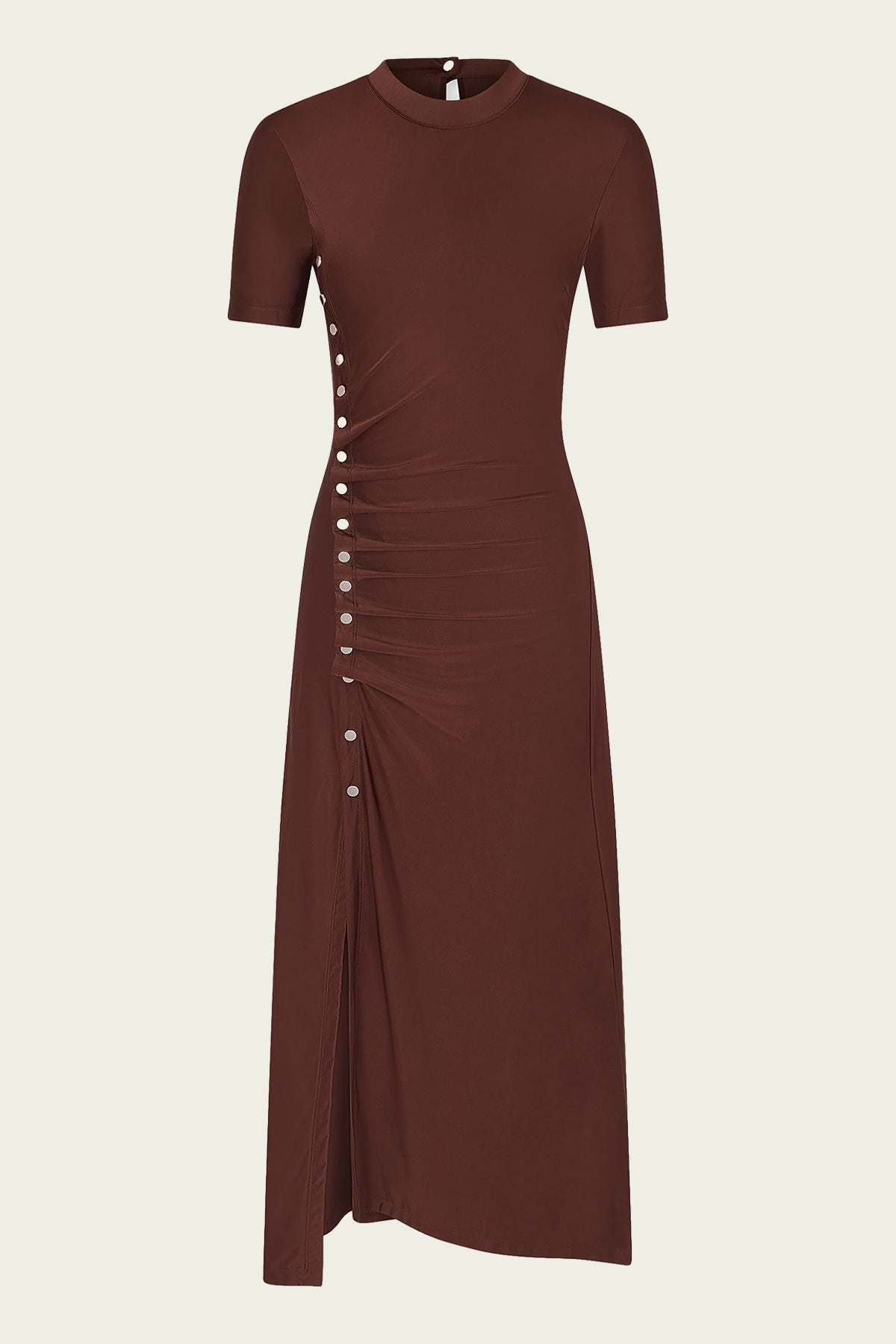 Draped Short-Sleeve Dress in Chocolate - shop-olivia.com