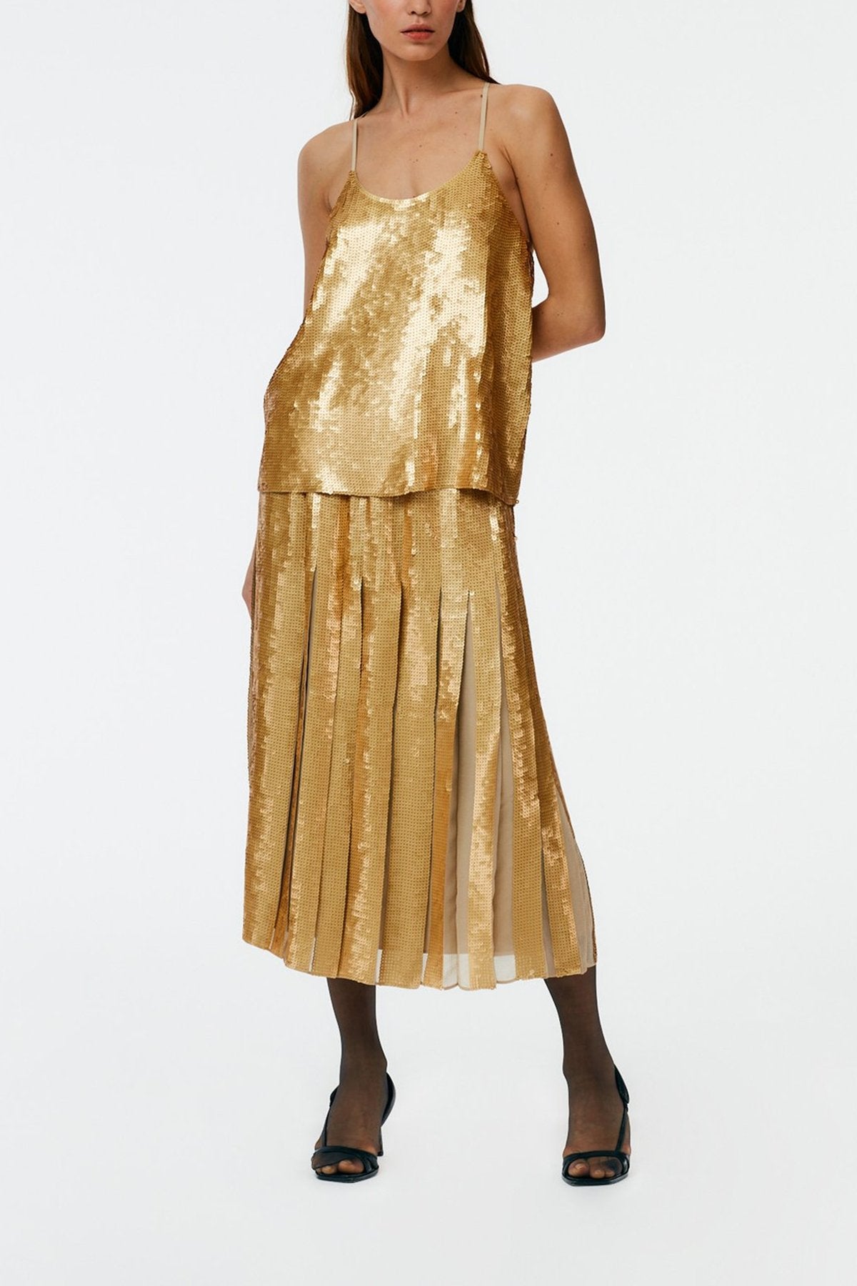 Eclair Sequins Beading Pleated Skirt in Gold - shop-olivia.com