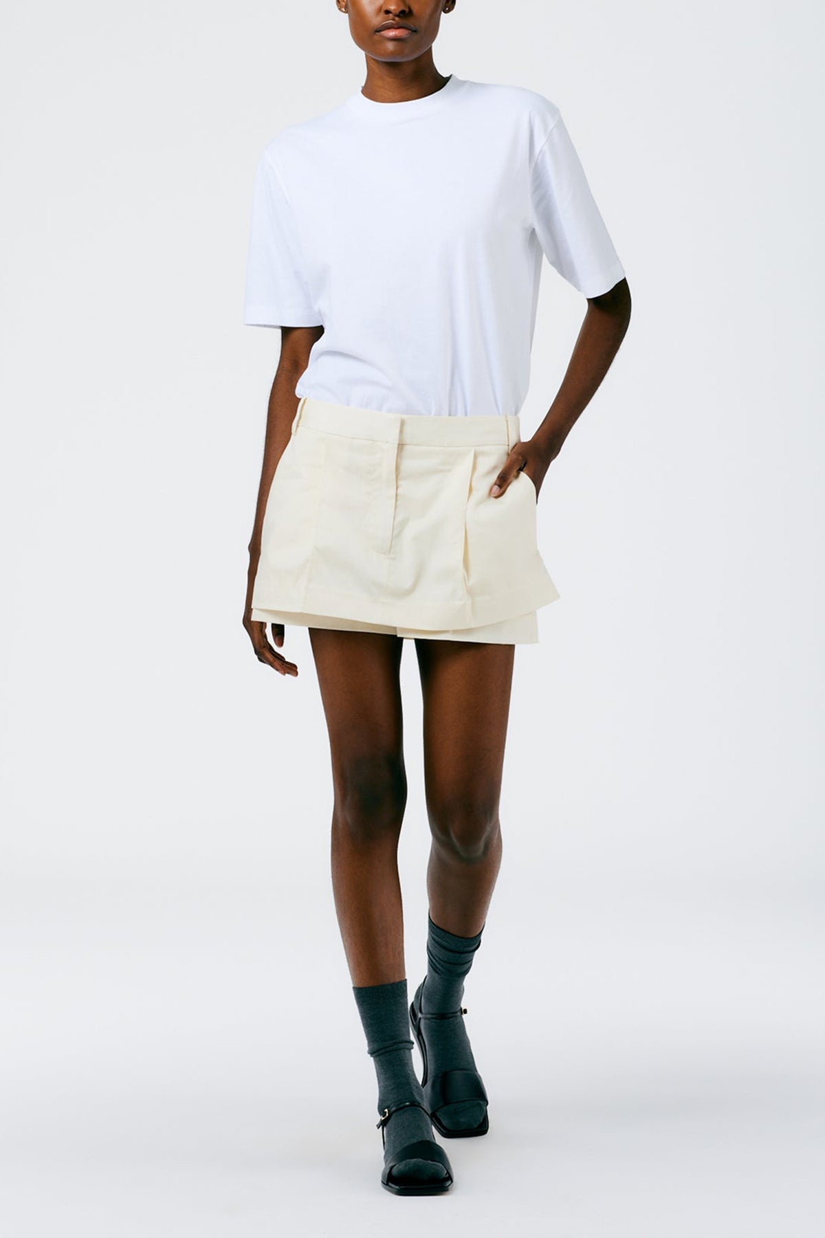 Eco Poplin Double Layer Mini Skirt in Cream - shop-olivia.com