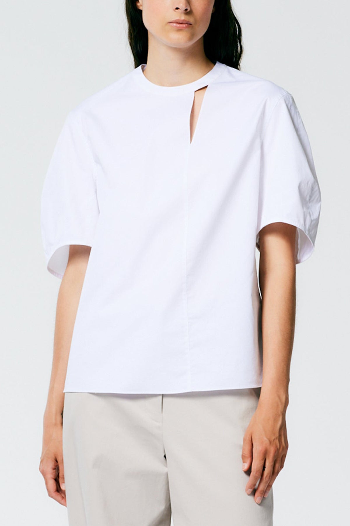 Eco Poplin Sculpted Sleeve Top With Cut Out Detail in White - shop-olivia.com