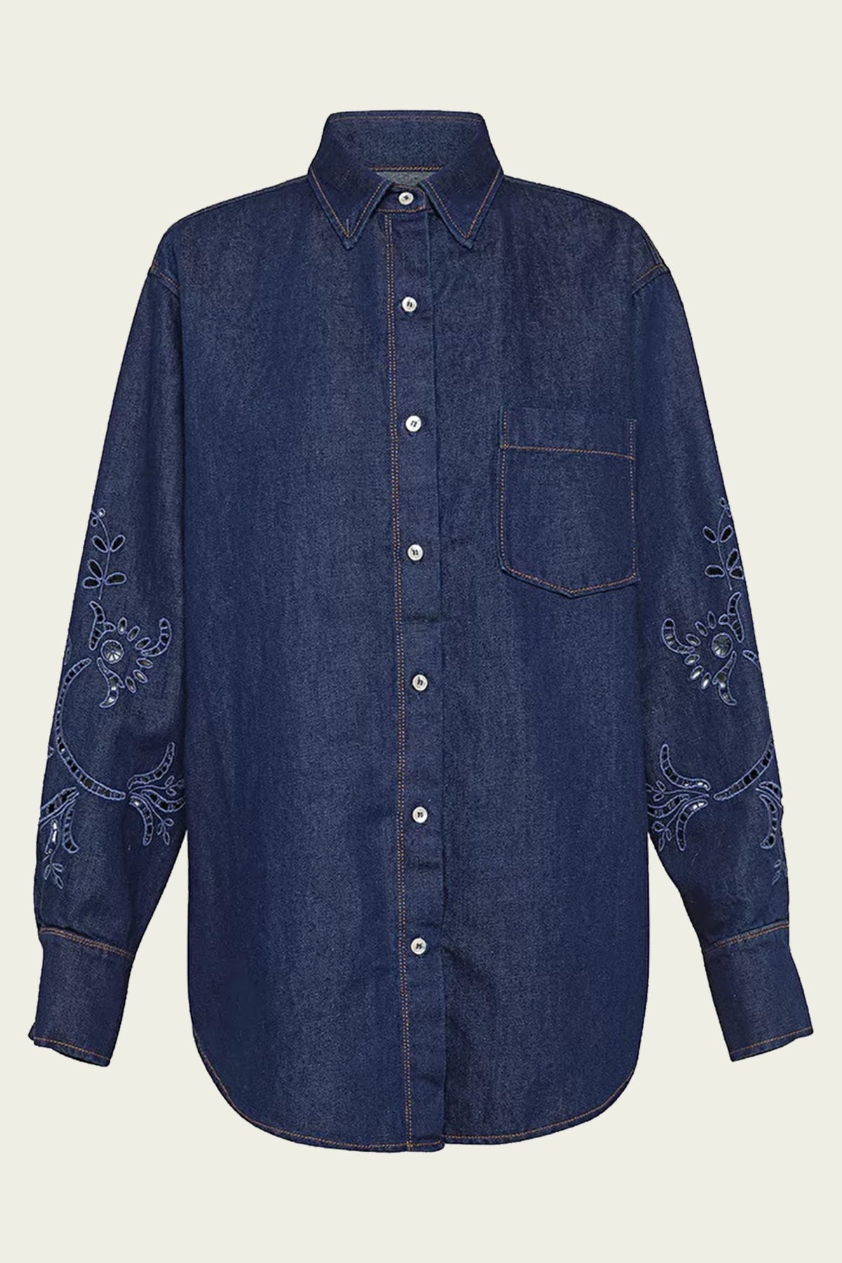 Embroidered Cotton-Linen Denim Overshirt in Indaco - shop-olivia.com