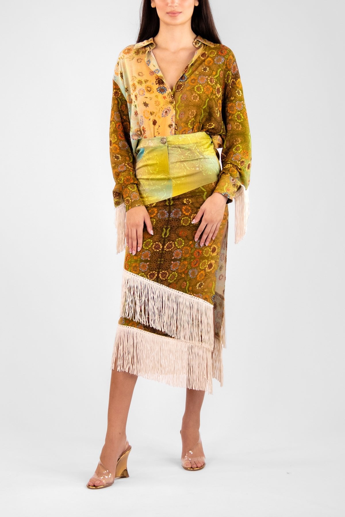 Faye Fringe Patchwork Asymmetric Maxi Skirt in Multi - shop-olivia.com