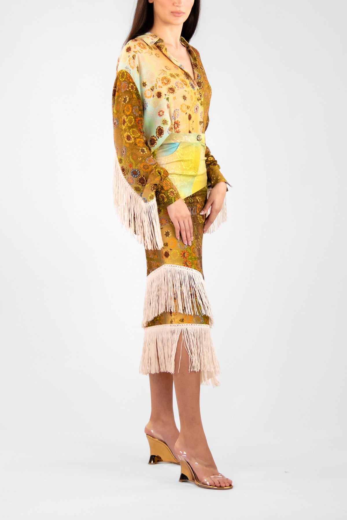 Faye Fringe Patchwork Asymmetric Maxi Skirt in Multi - shop-olivia.com