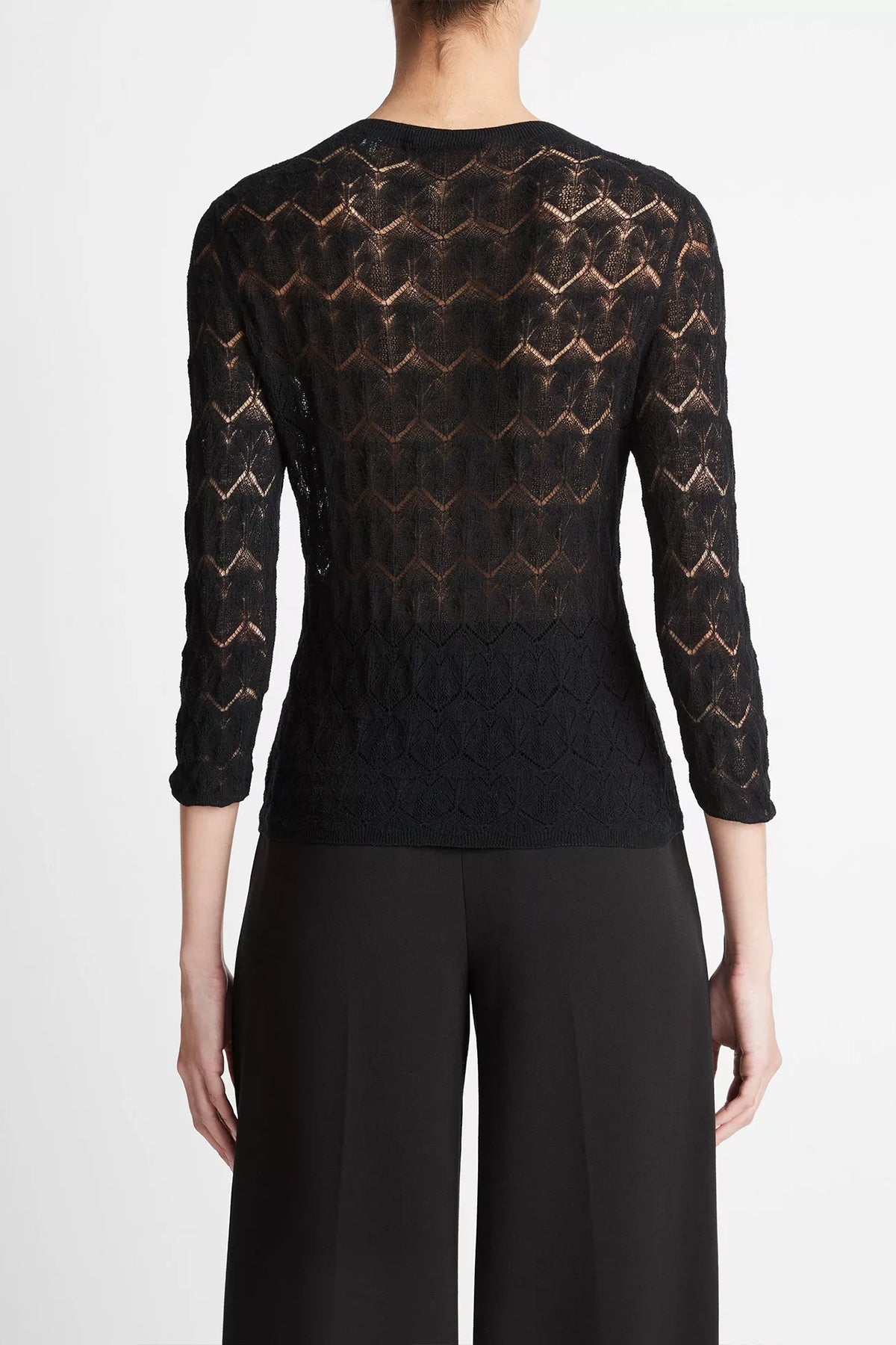 Fine Lace Cotton Three-Quarter-Sleeve Sweater in Black - shop-olivia.com