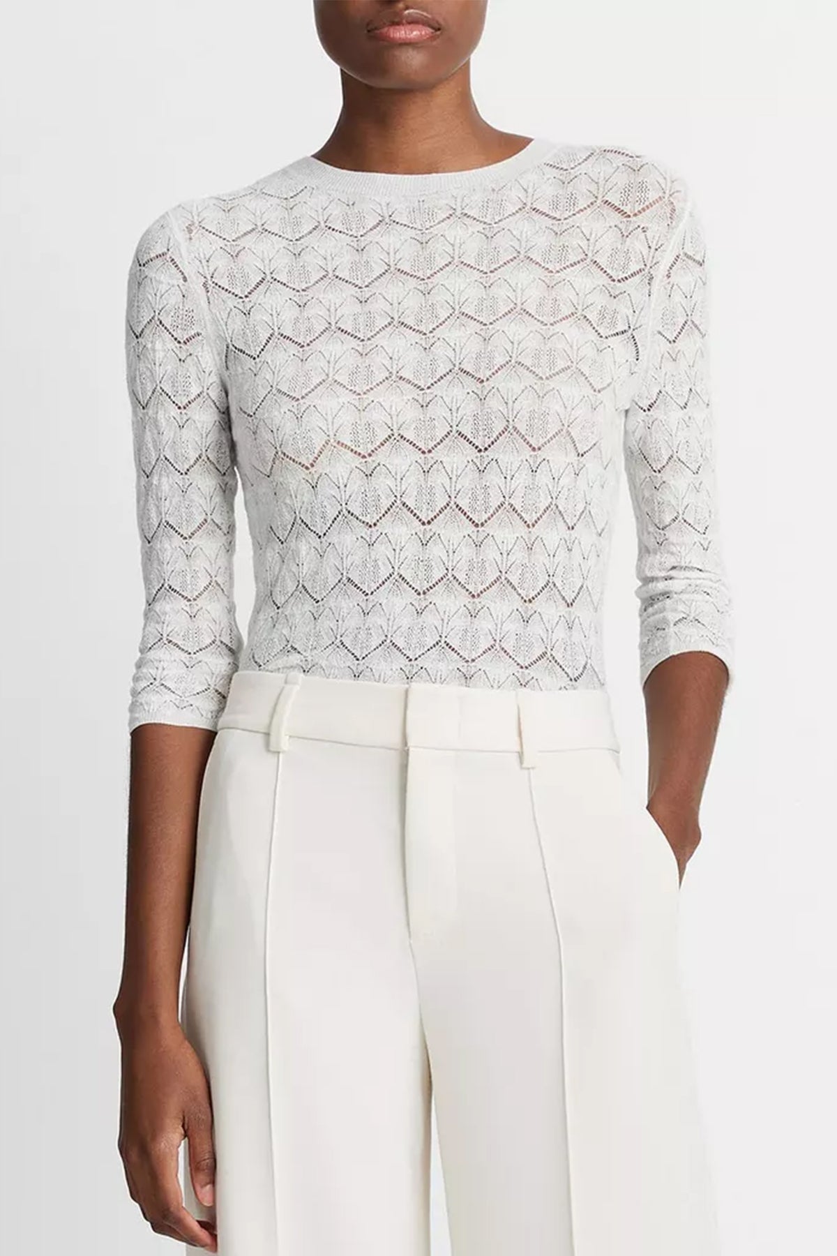 Fine Lace Cotton Three-Quarter-Sleeve Sweater in Optic White - shop-olivia.com