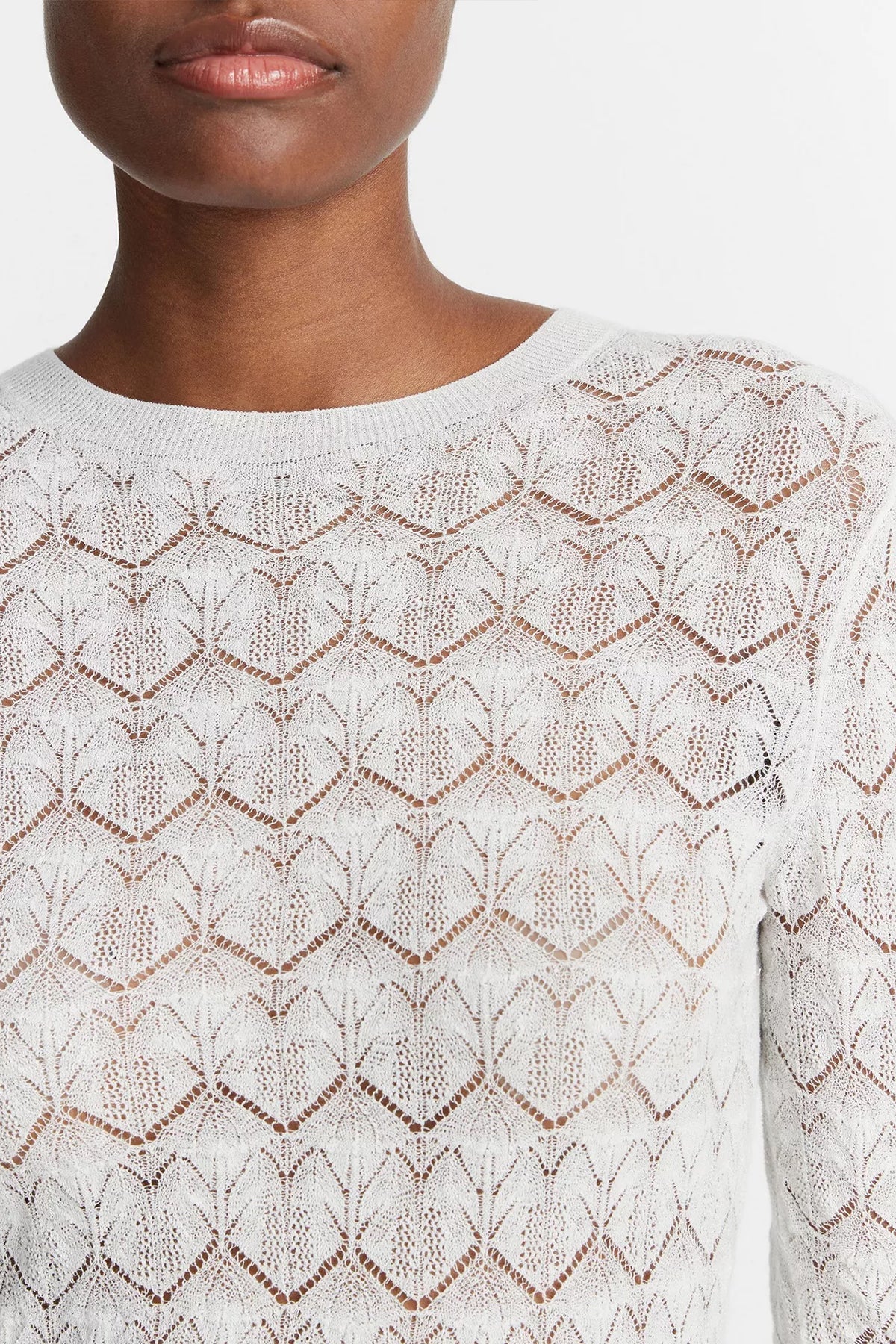 Fine Lace Cotton Three-Quarter-Sleeve Sweater in Optic White - shop-olivia.com