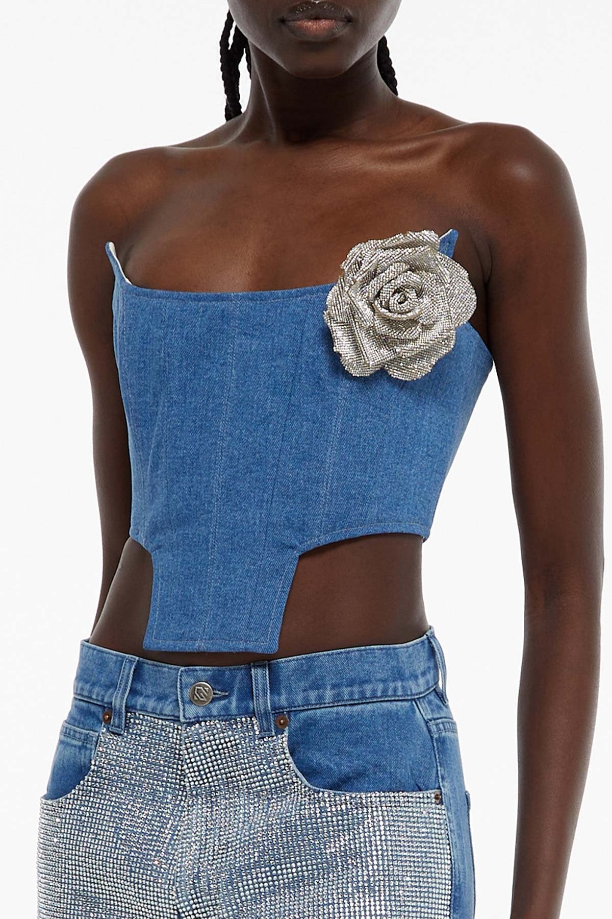 Firefly Corset in Denim with Crystals Pin in Light Blue Denim - shop-olivia.com