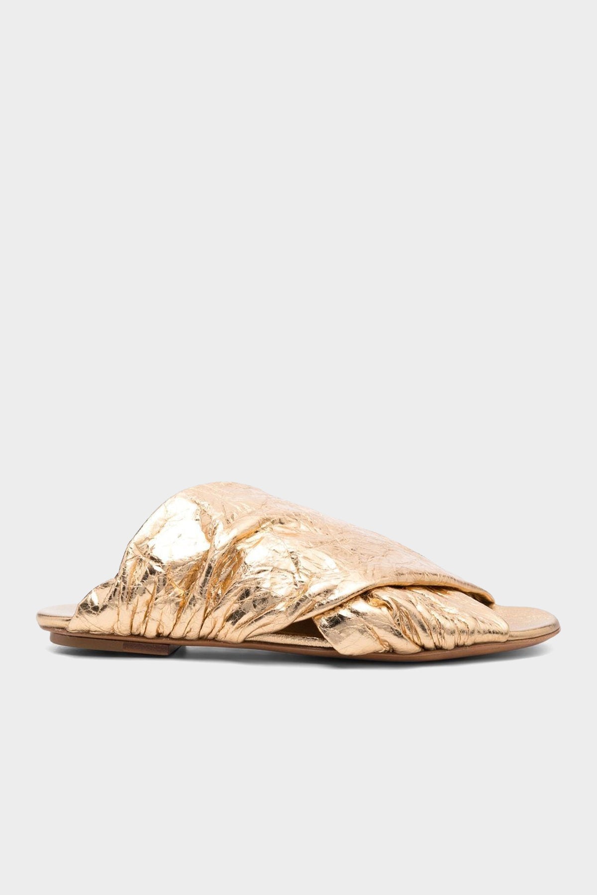 Flat Sandal in Lamé Calfskin in Gold - shop-olivia.com