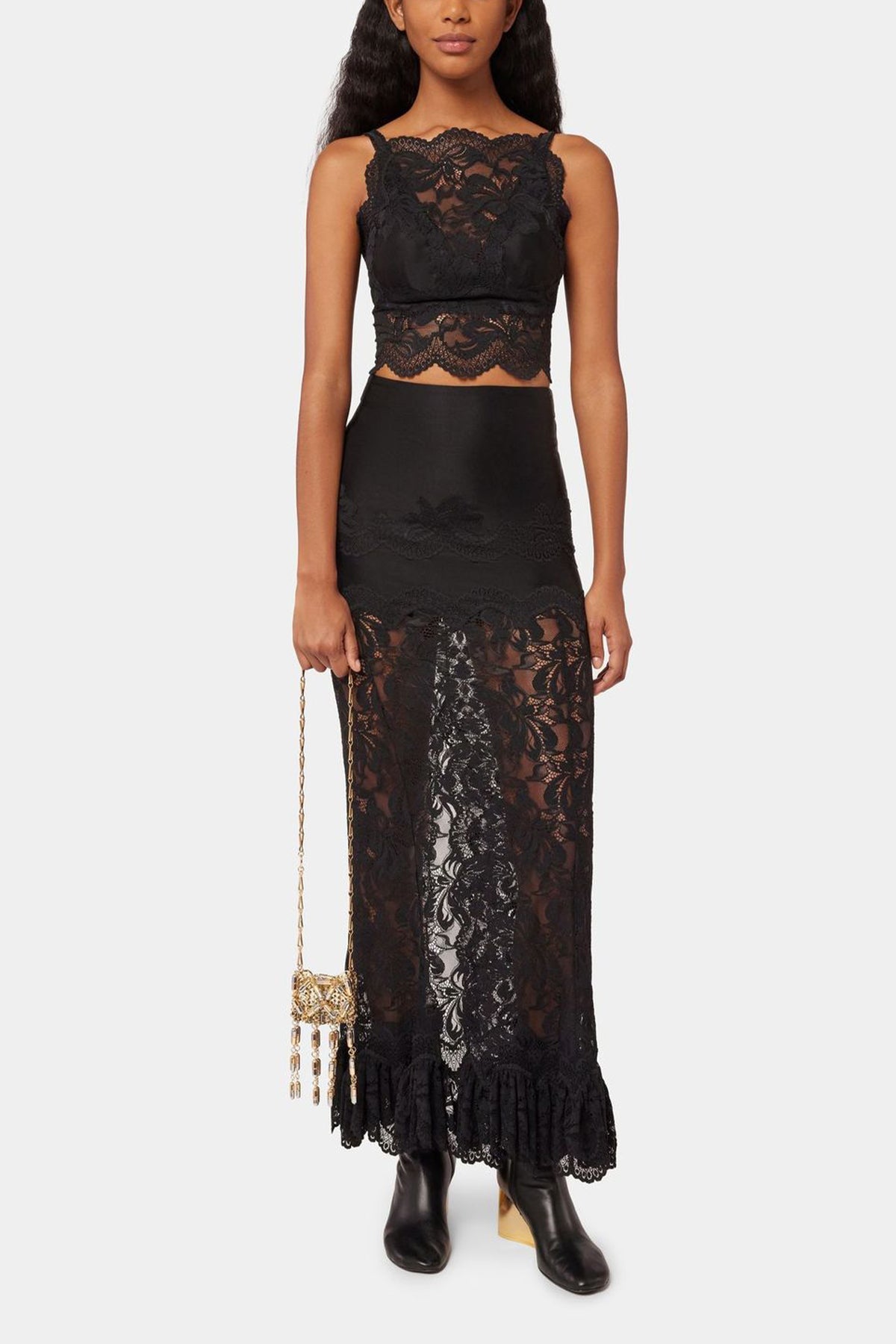 Floral Lace Midi Skirt in Black