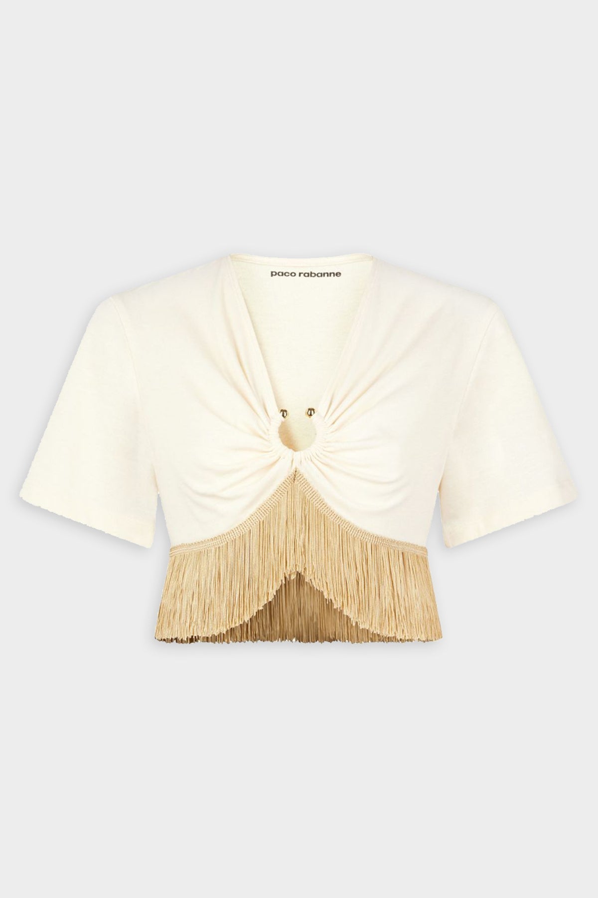 Fringed-Trimmed Cropped T-Shirt in Nude - shop-olivia.com