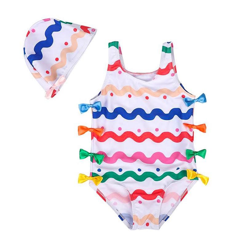 Girls Colorful Wave Swimsuit and Cap - shop-olivia.com