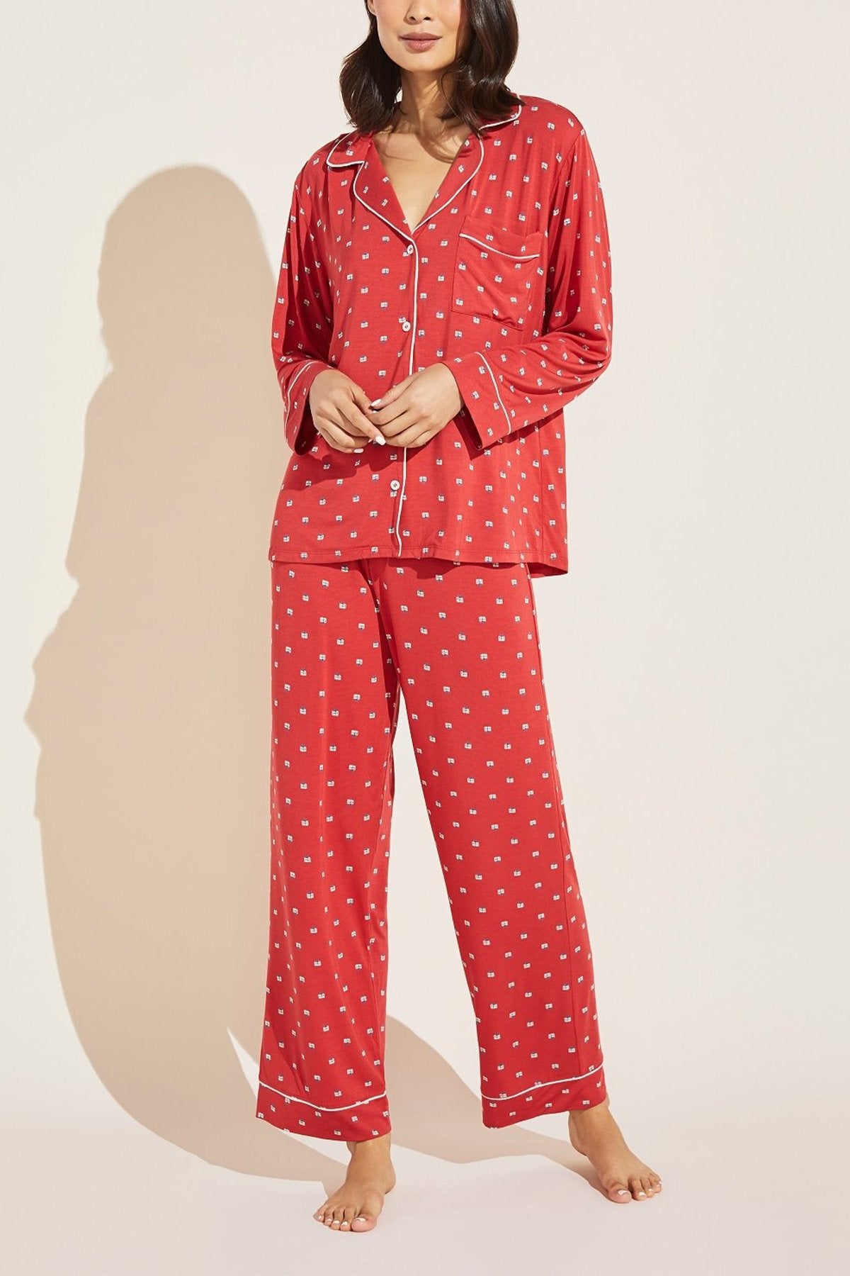 Gisele Printed Long PJ Set in Presents Haute Red/Bone - shop-olivia.com
