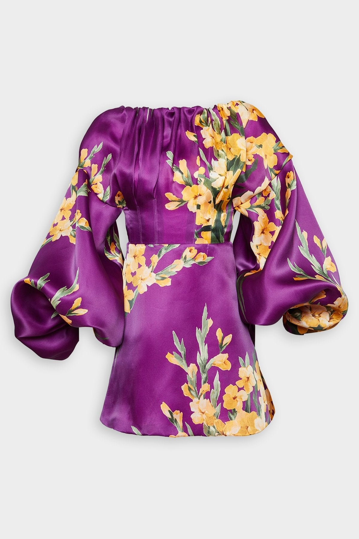 Gladiola Print Silk Puff Sleeve Mini Dress in Iris Multi - shop-olivia.com