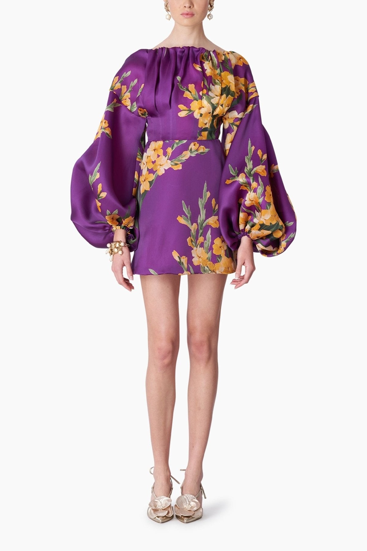 Gladiola Print Silk Puff Sleeve Mini Dress in Iris Multi - shop-olivia.com