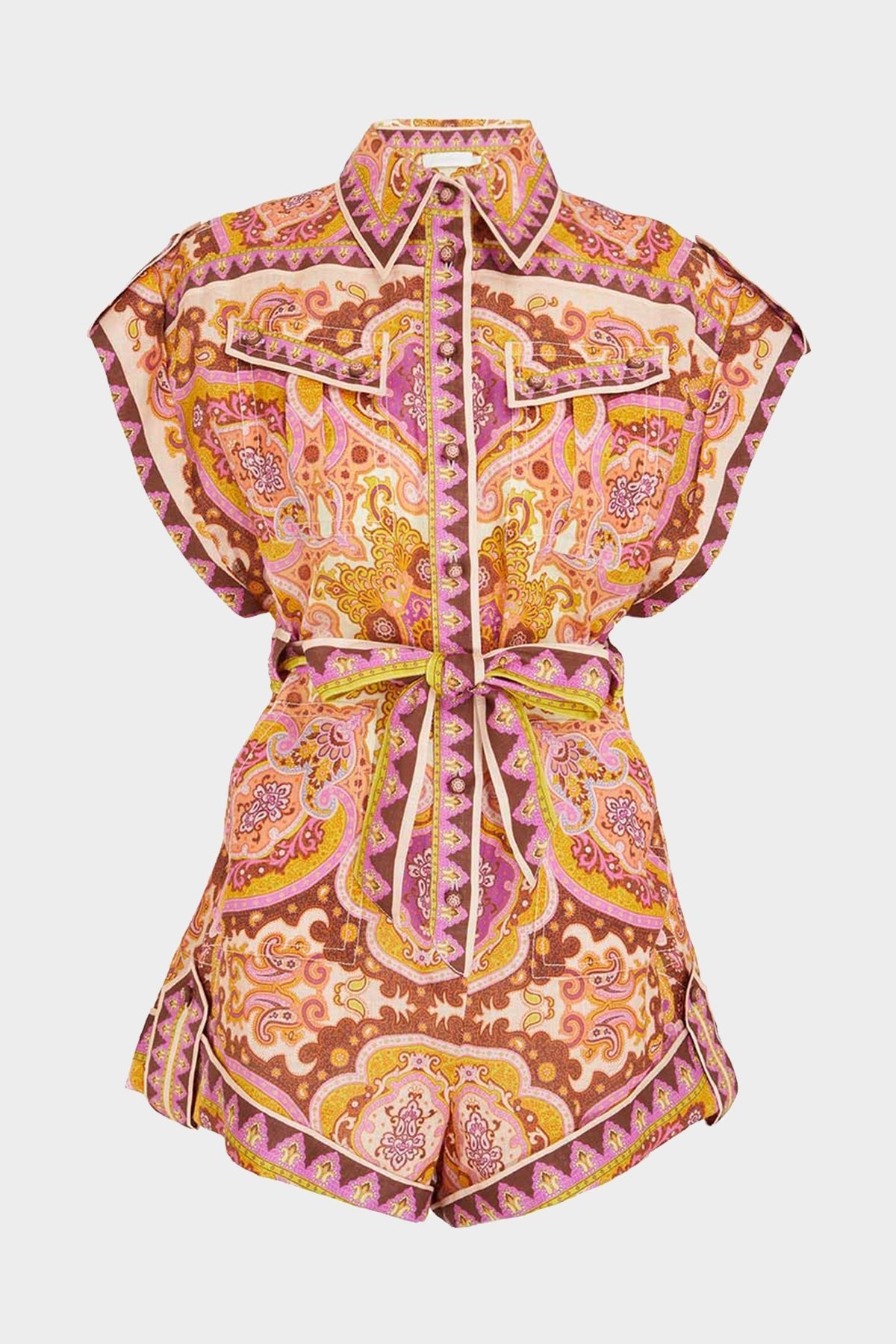 Halcyon Cuffed Playsuit in Mustard Pink Paisley - shop-olivia.com