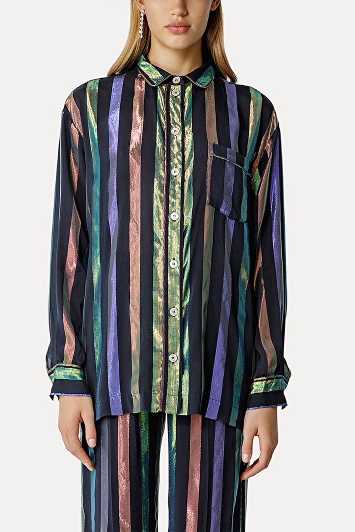 Iridescent Habotai Pyjama Shirt in Notte - shop-olivia.com