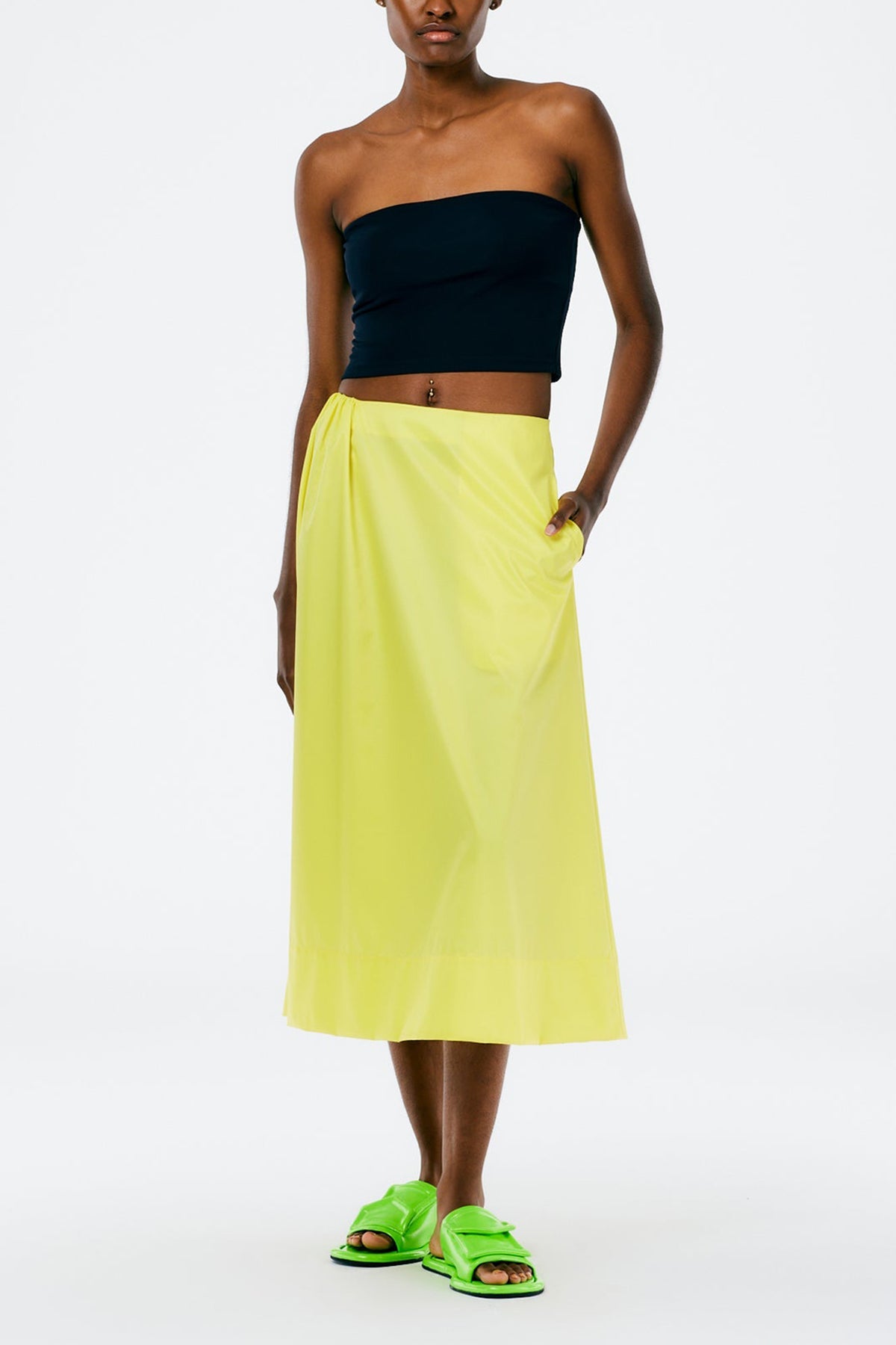 Italian Sporty Nylon Side Shirred Circle Skirt in Yellow - shop-olivia.com