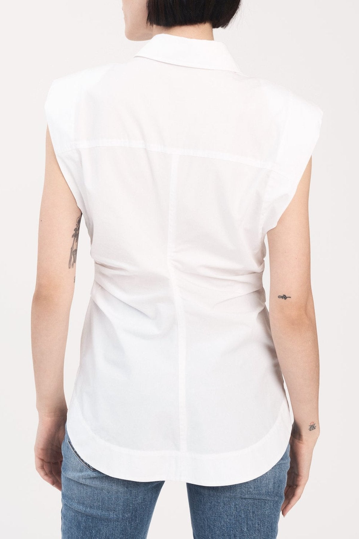 Ivy Sleeveless Ruched Button Down Shirt in White - shop-olivia.com