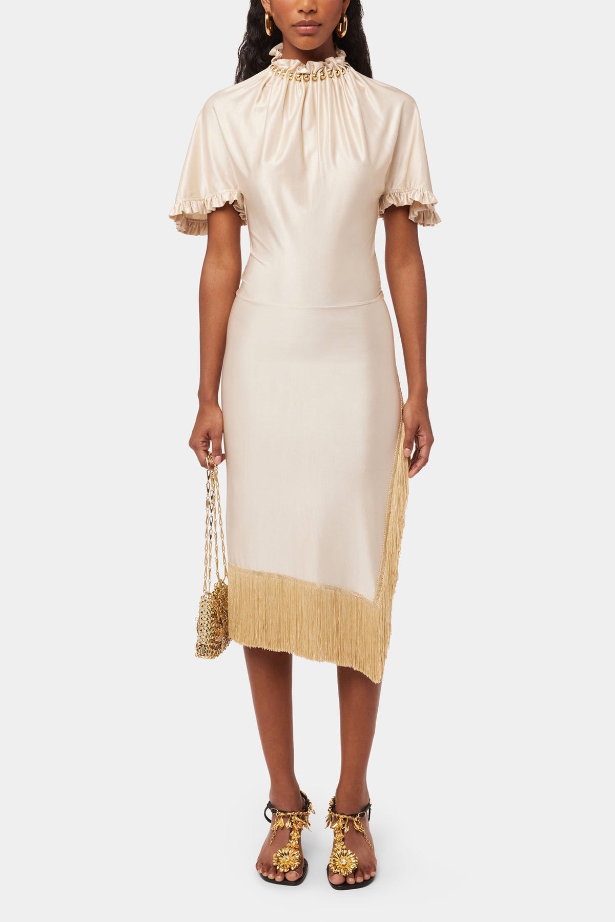 Jersey Cream Dress with Beads in Nude - shop-olivia.com