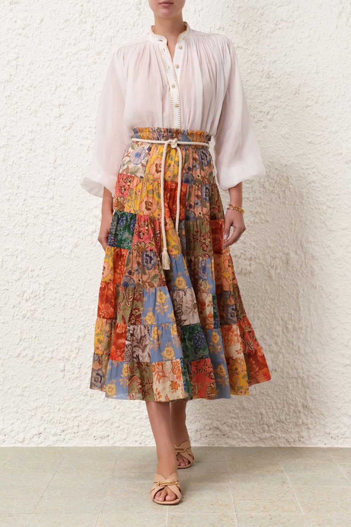 Junie Tiered Midi Skirt in Patch Floral - shop-olivia.com