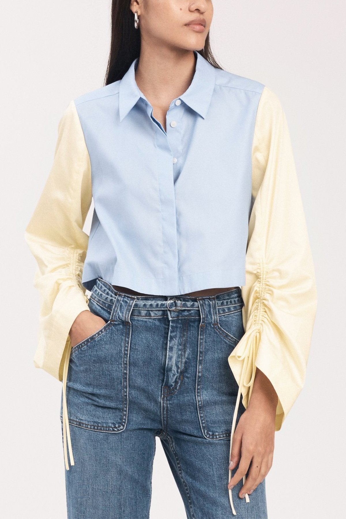 Kinsley Blouse Top in Light Blue and Pale Yellow - shop-olivia.com