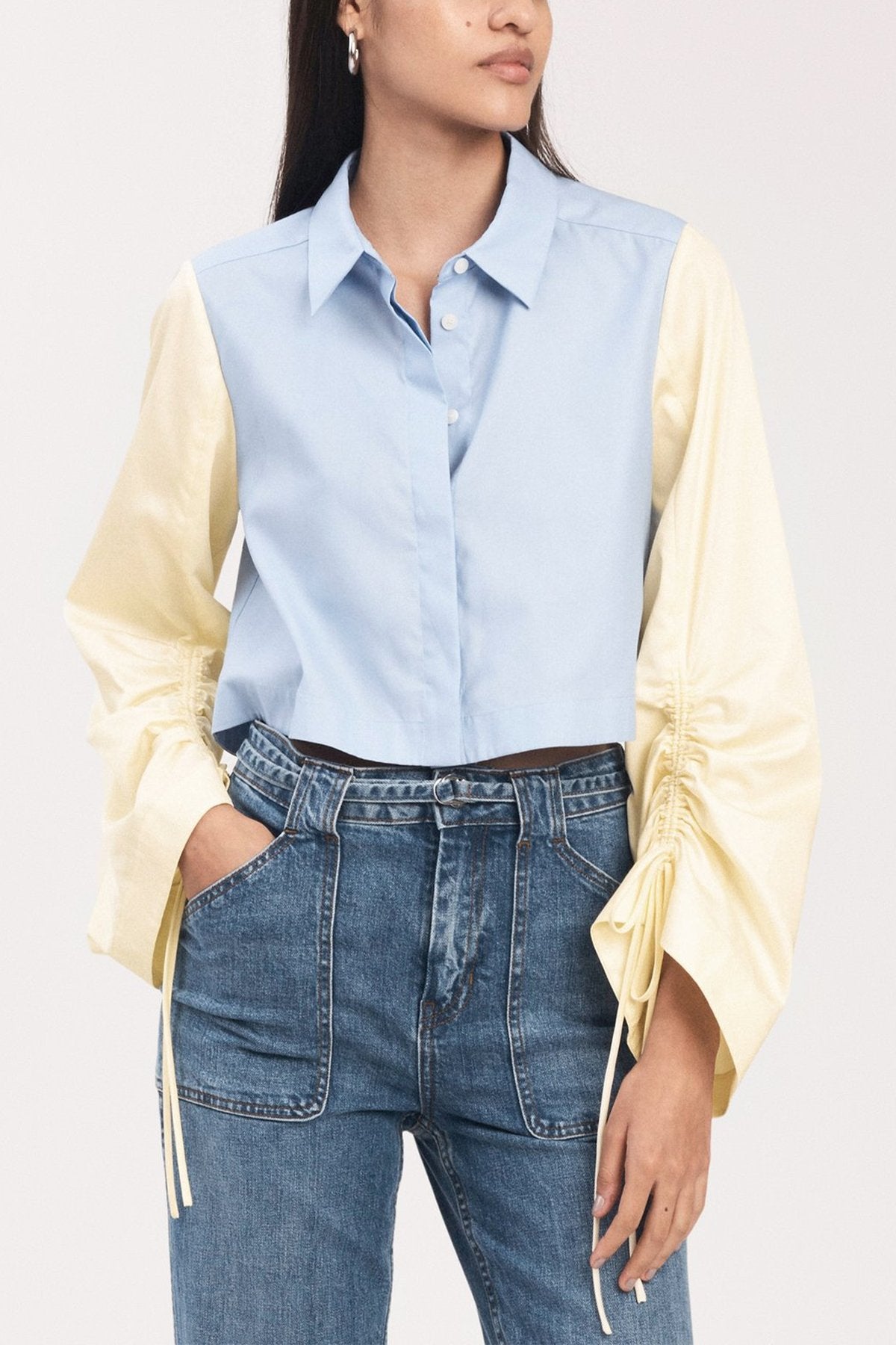 Kinsley Blouse Top in Light Blue and Pale Yellow Kinsley Blouse Top in Light Blue and Pale Yellow