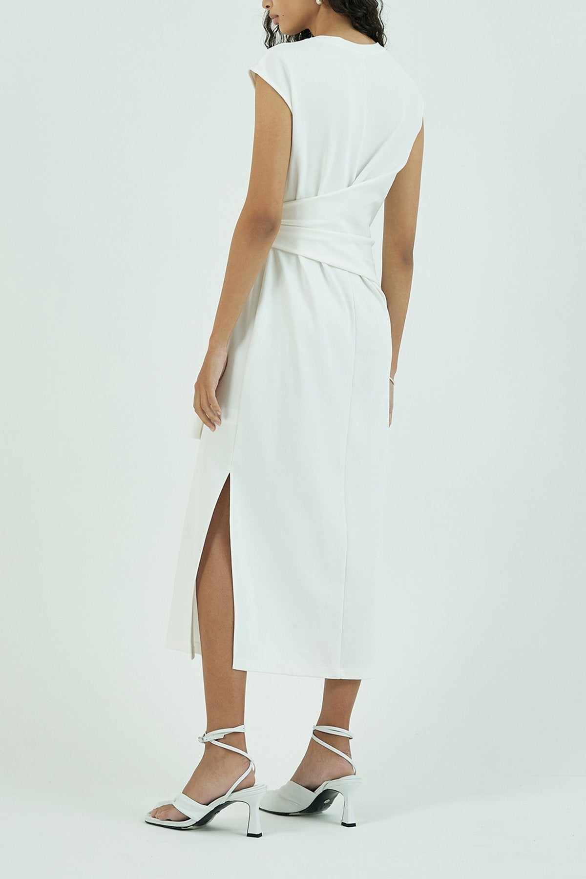 Knotted Detail Cotton Jersey Midi Dress in Ivory - shop-olivia.com