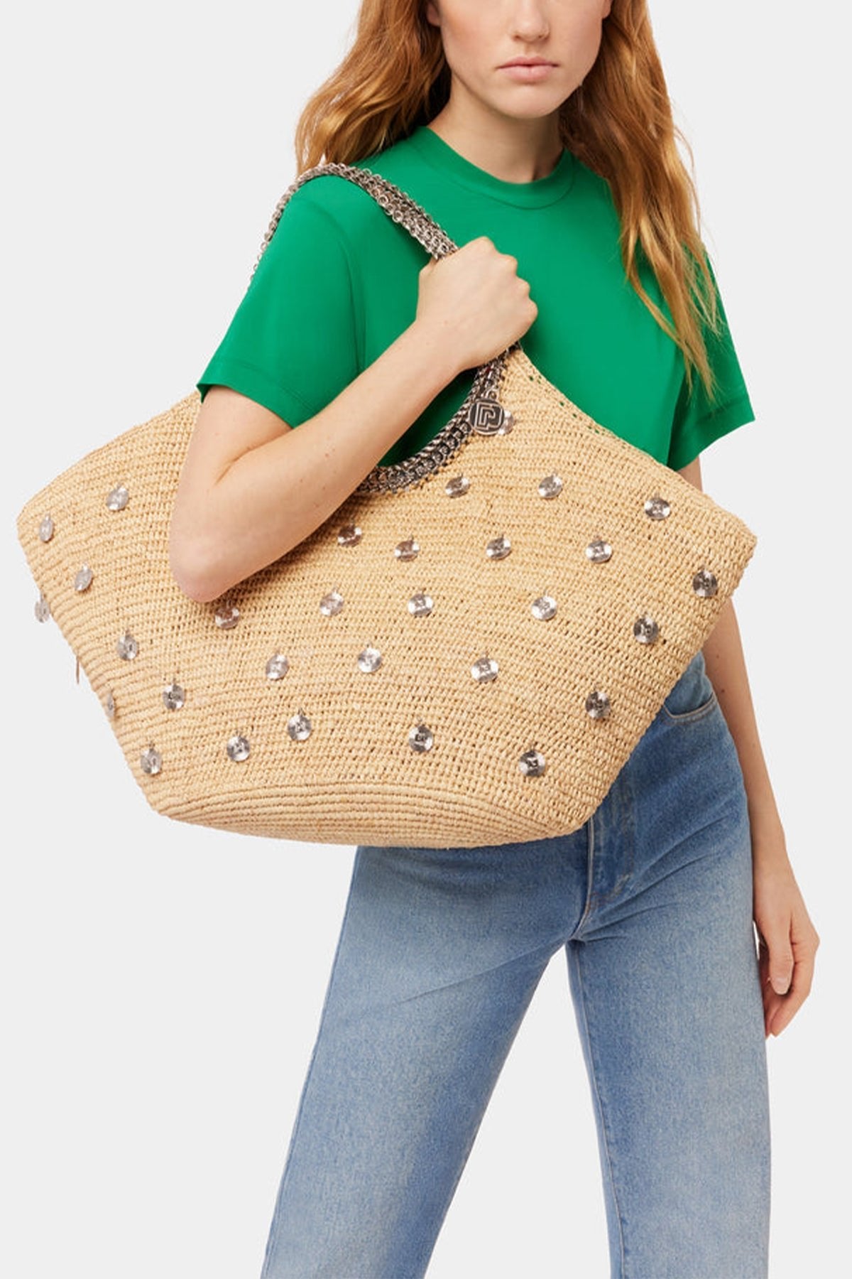 Large Embellished Raffia Tote Bag in Natural - shop-olivia.com
