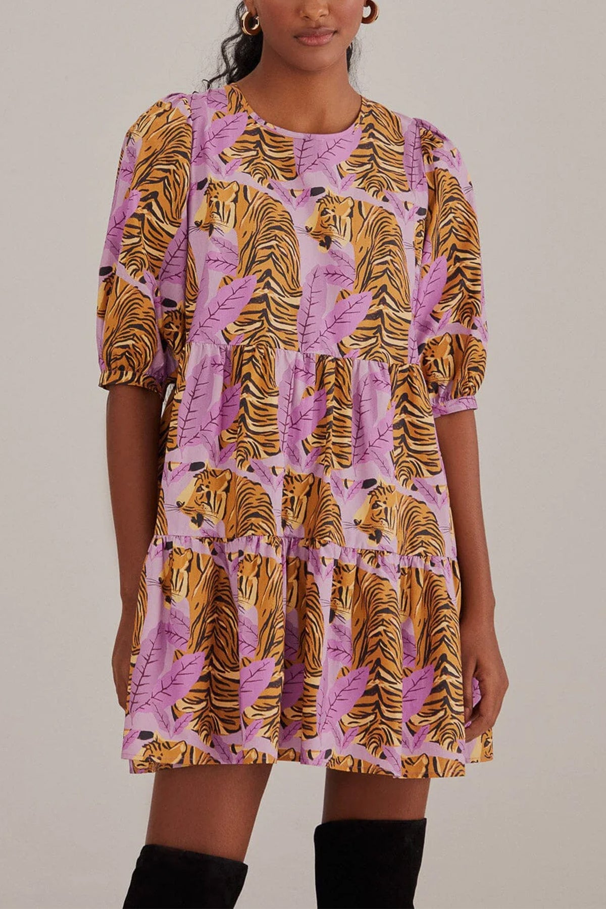 Lavender Tiger Leaves Puff Sleeve Mini Dress - shop-olivia.com