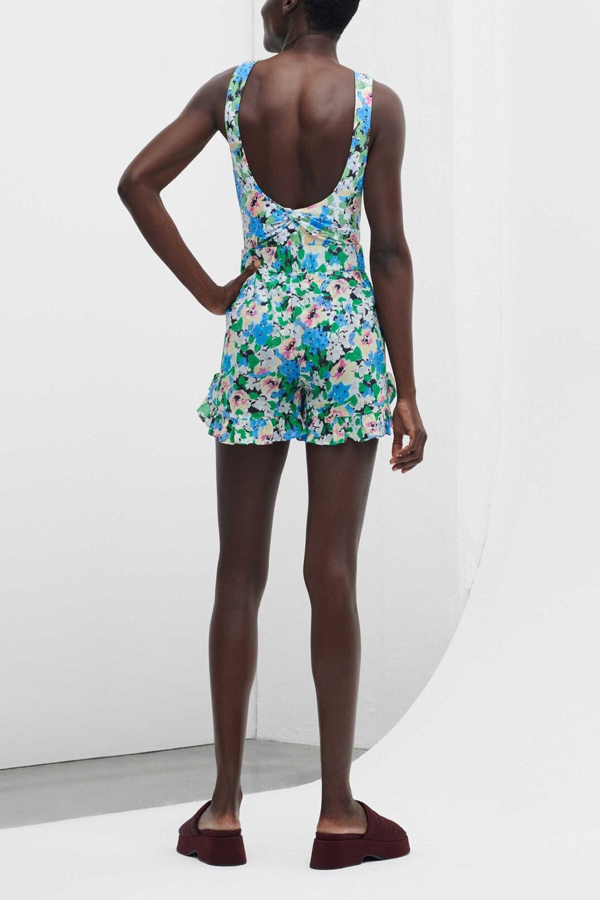 Light Cotton Ruffle Shorts in Floral Azure Blue - shop-olivia.com