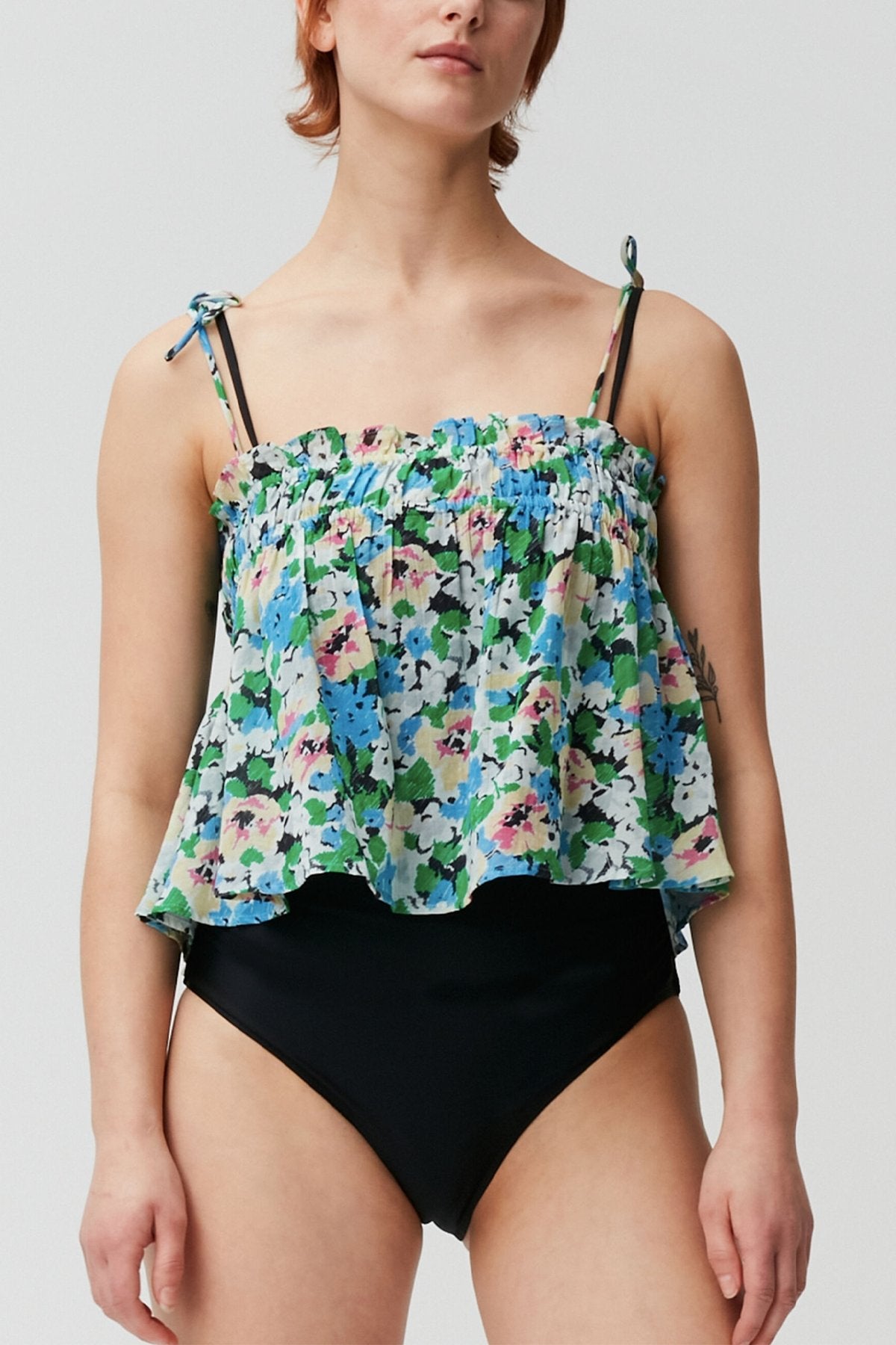 Light Cotton Tieband Strap Top in Floral Azure Blue - shop-olivia.com