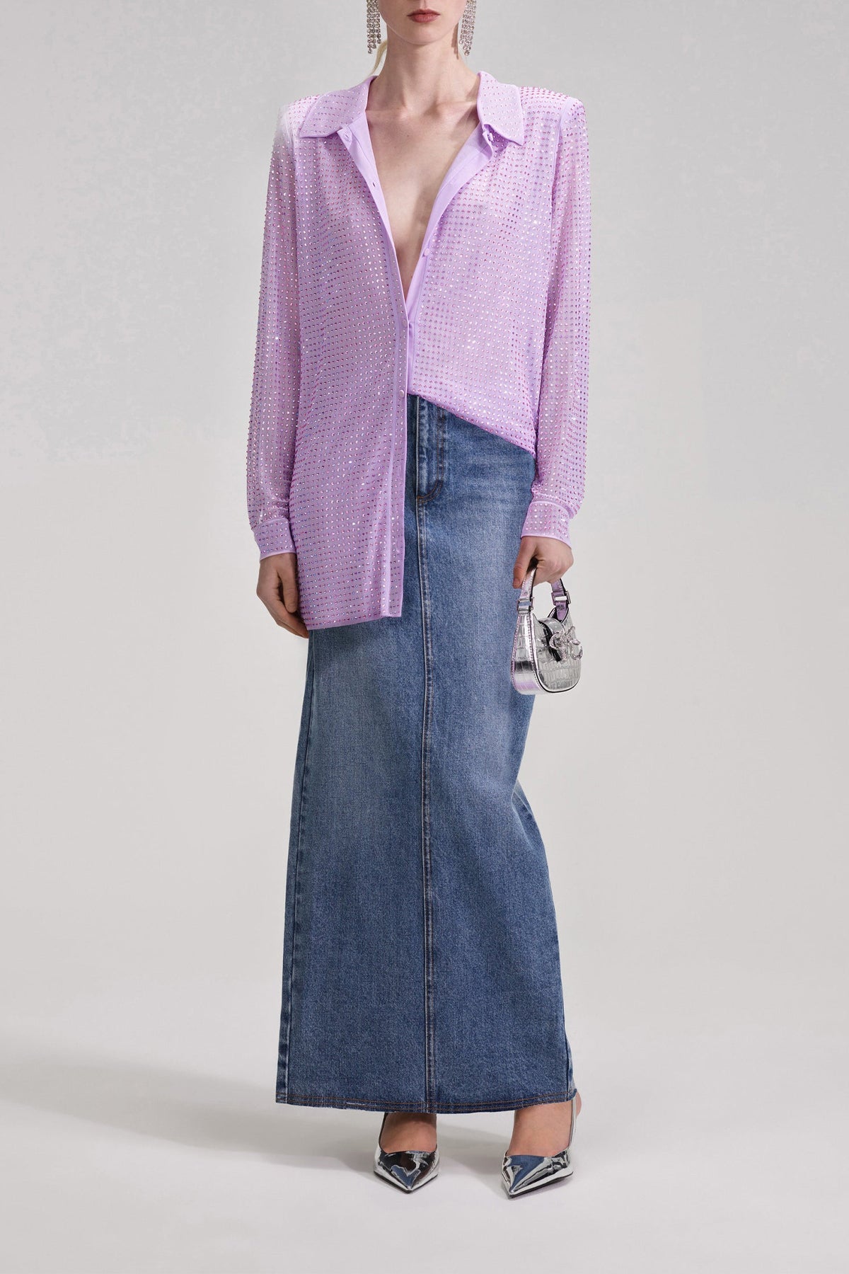 Lilac Rhinestone Mesh Shirt - shop-olivia.com