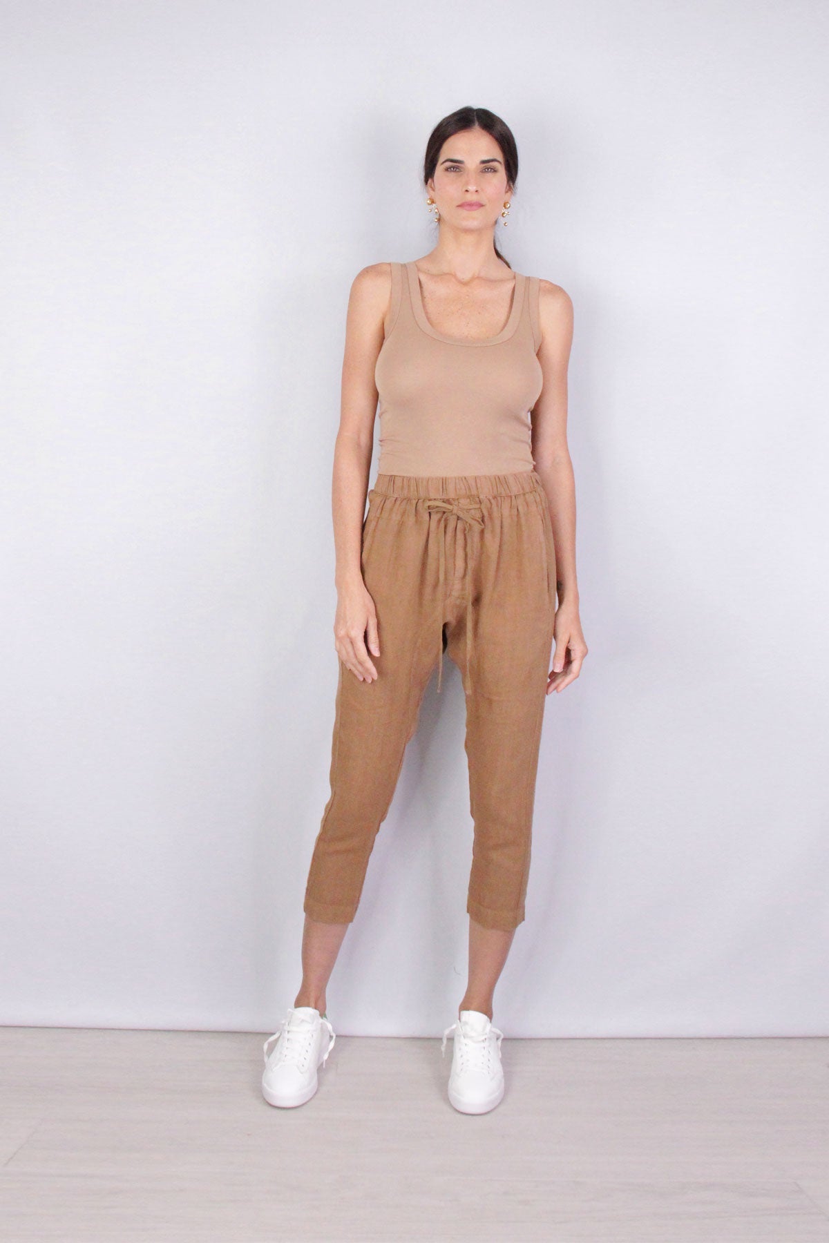 Linen Drawcord Droprise Pant in Brown - shop-olivia.com