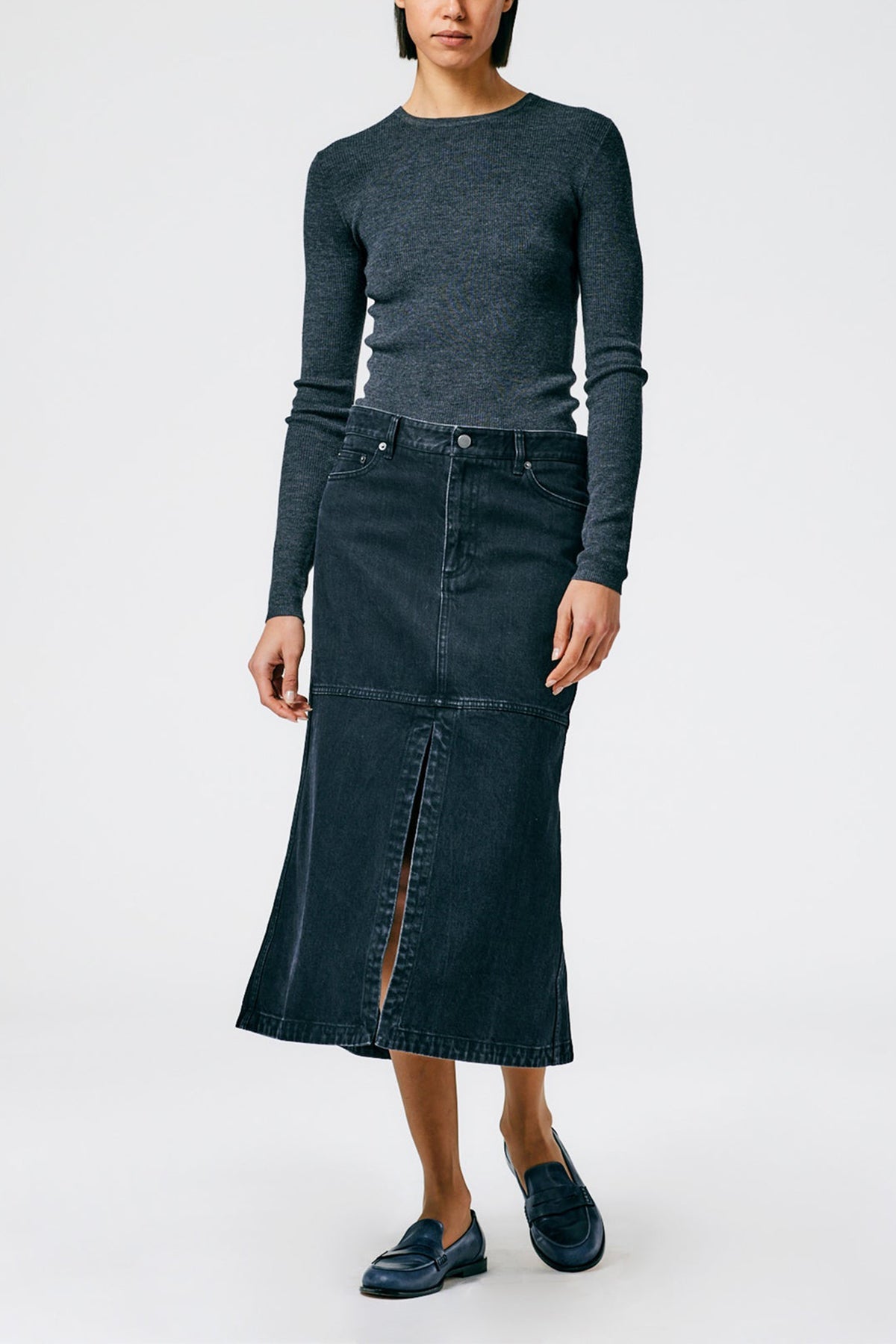 Long Denim Skirt in Black - shop-olivia.com