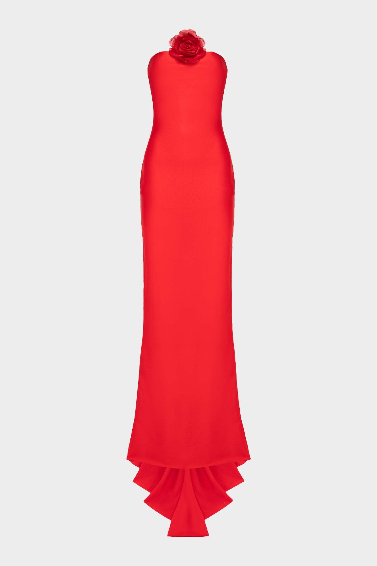 Long Dress In Shiny Jersey with Floral Pin in Red - shop-olivia.com
