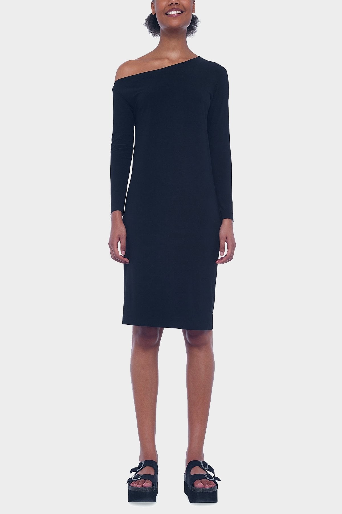 Long Sleeve Drop Shoulder Dress in Black - shop-olivia.com